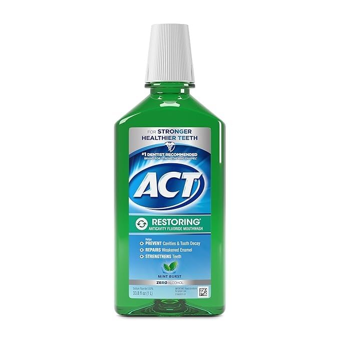 ACT Restoring Zero Alcohol Fluoride Mouthwash 33.8 fl. oz. Strengthens Tooth Enamel, Mint Burst Customer Review ACT Restoring Zero Alcohol Fluoride Mouthwash 33.8 fl. oz. Strengthens Tooth Enamel, Mint Burst - Customer Photo 1