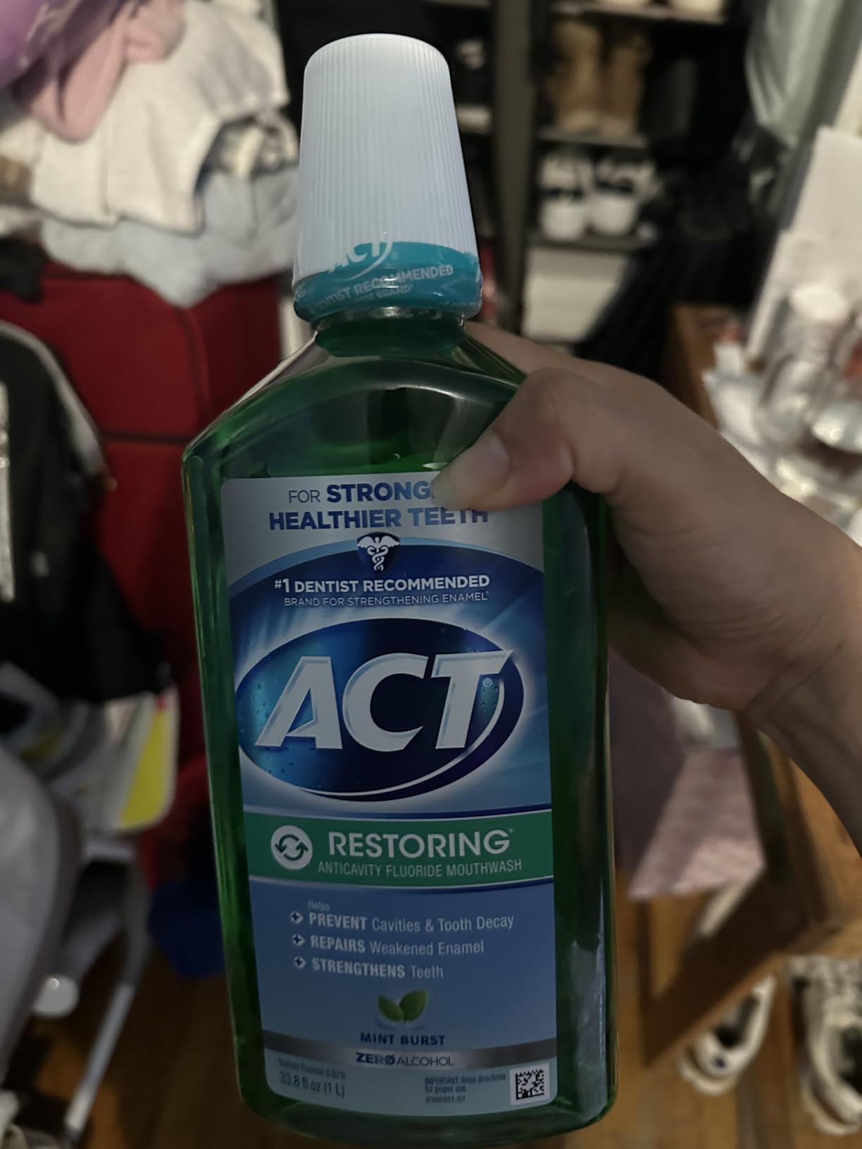 ACT Restoring Zero Alcohol Fluoride Mouthwash 33.8 fl. oz. Strengthens Tooth Enamel, Mint Burst Customer Review ACT Restoring Zero Alcohol Fluoride Mouthwash 33.8 fl. oz. Strengthens Tooth Enamel, Mint Burst - Customer Photo 2