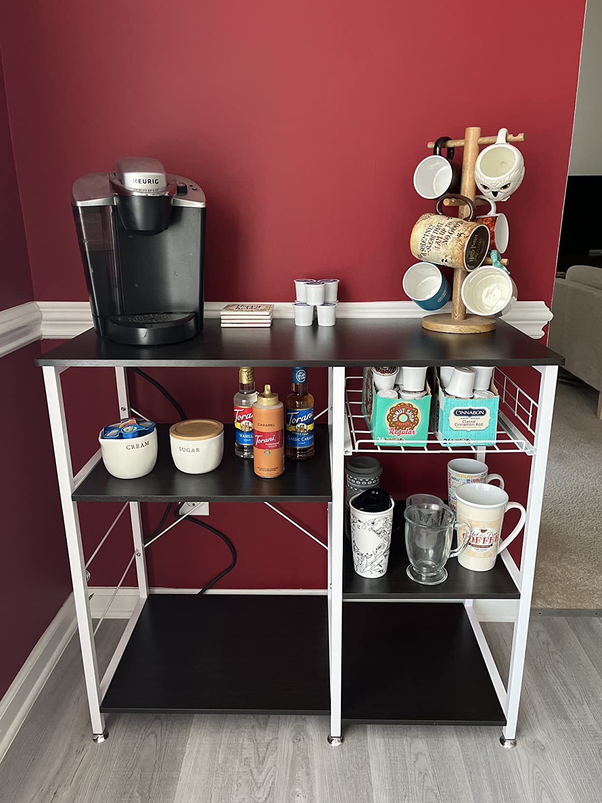 soges 3-Tier Kitchen Baker's Rack with Storage, Microwave Stand, Kitchen Storage Rack, Shelf Organizer, Coffee Bar Station, Workstation Cart, Walnut Black - Customer Photo 1