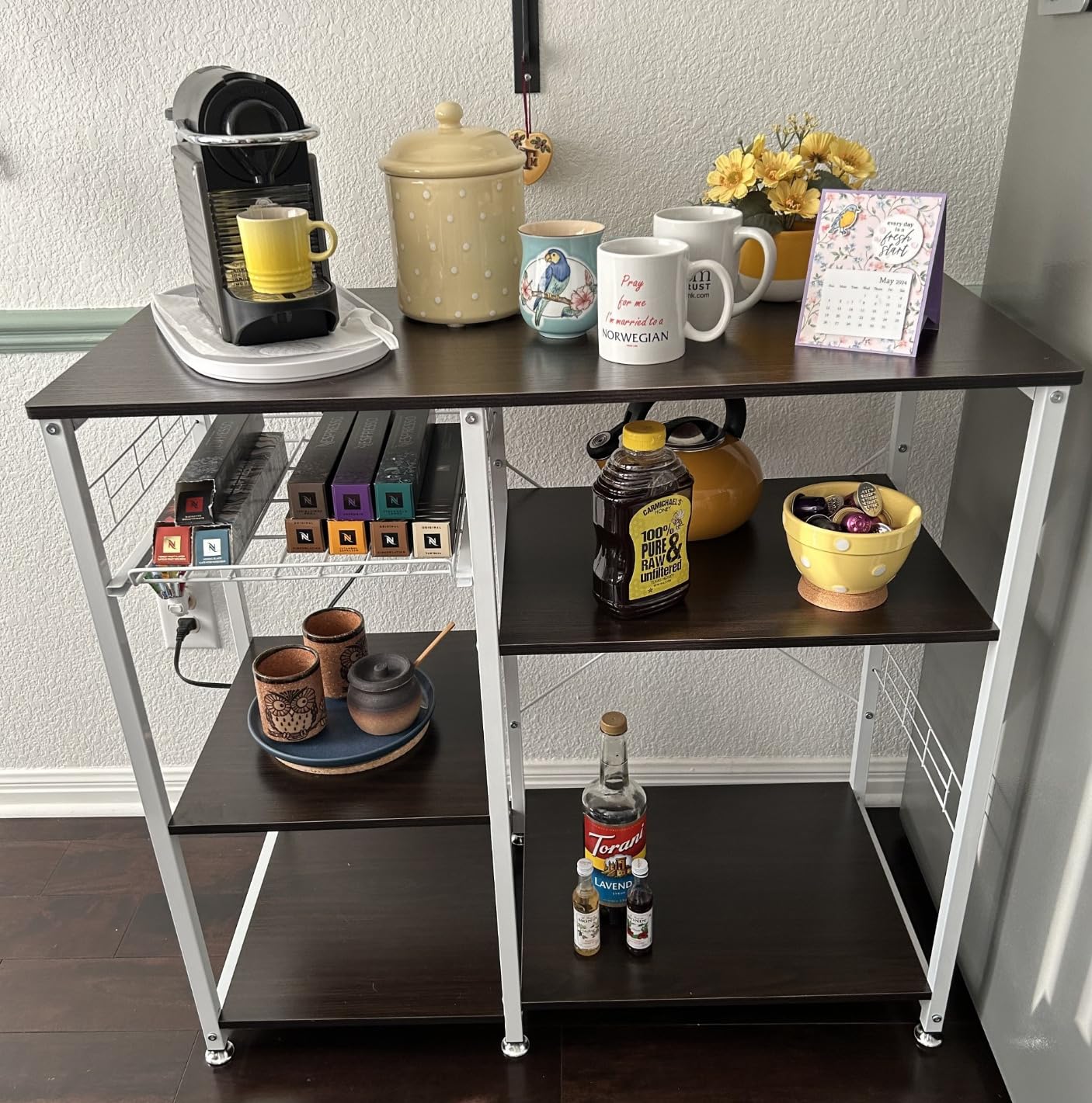 soges 3-Tier Kitchen Baker's Rack with Storage, Microwave Stand, Kitchen Storage Rack, Shelf Organizer, Coffee Bar Station, Workstation Cart, Walnut Black - Customer Photo 2