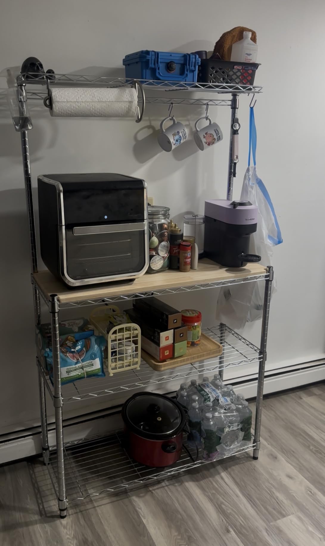 Amazon Basics 3 Tier Kitchen Bakers Rack with Storage, Removeable Top, Wood/Chrome, 14