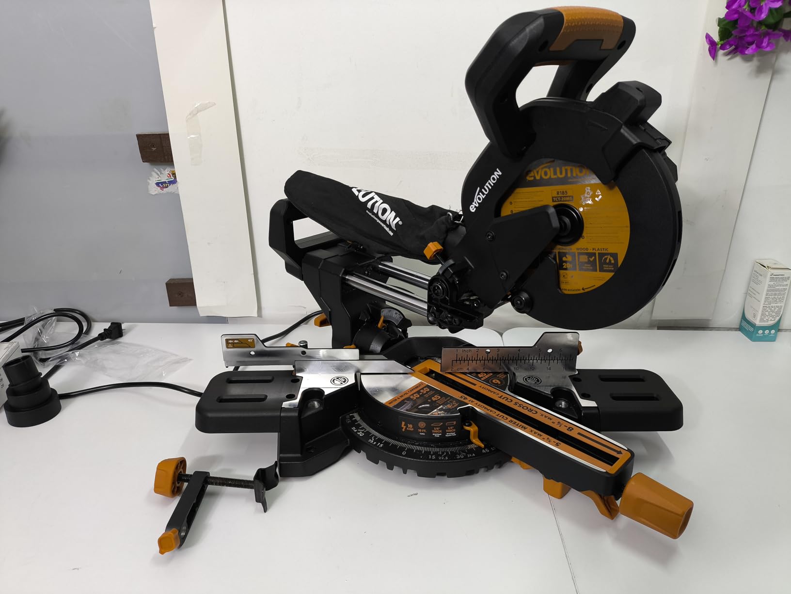 Evolution Power Tools R185SMS+ Sliding Miter Saw with Multi-Material Cutting, 45 Degree Bevel, 50 Degree Miter, 210 mm Slide, Blade Included Cuts Wood Plastic Metal & More, 7-1/4 Evolution Power Tools R185SMS+ Sliding Miter Saw with Multi-Material Cutting, 45 Degree Bevel, 50 Degree Miter, 210 mm Slide, Blade Included Cuts Wood Plastic Metal & More, 7-1/4