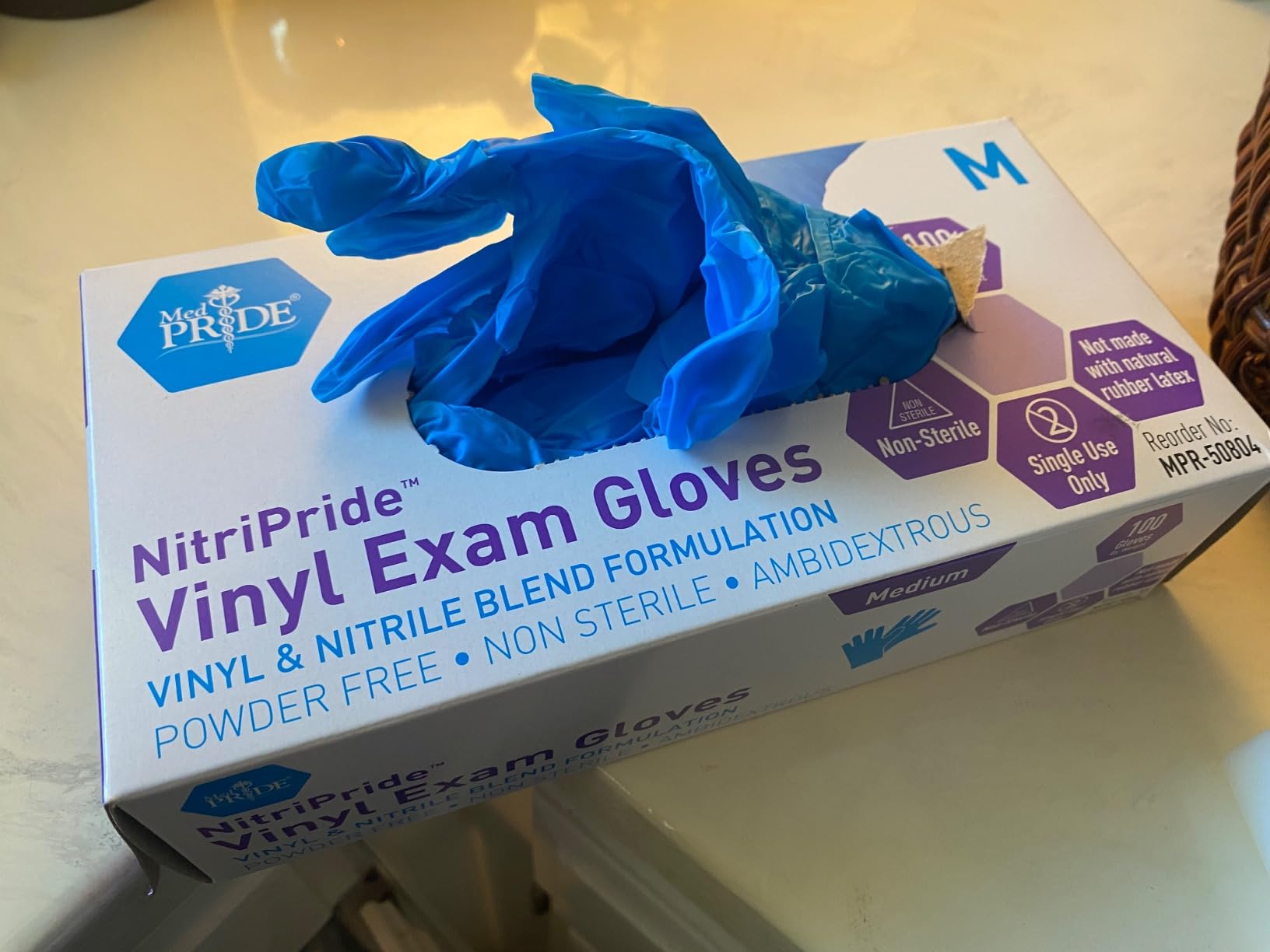 MED PRIDE Nitrile/Vinyl Blend Exam Gloves, Powder-Free, Latex-Free, Disposable, Non-Sterile, Blue, Medium (Box of 100) - Customer Photo 2
