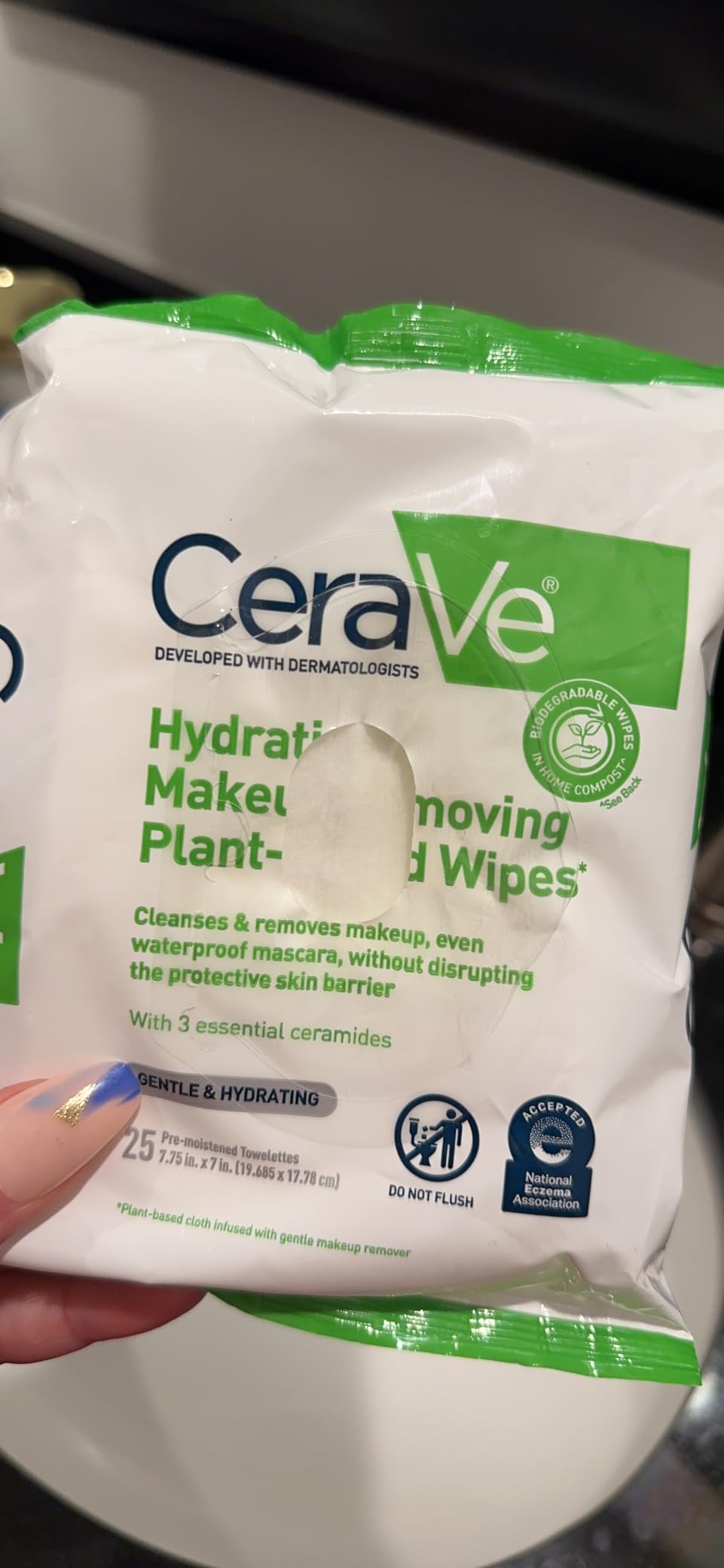 CeraVe Makeup Remover Wipes, Plant Based Face Wipes, Biodegradable in Compost, Waterless Face Wash, Travel Essentials for Women, Suitable for Sensitive Skin, Fragrance-free + Non-comedogenic, 25ct Customer Review CeraVe Makeup Remover Wipes, Plant Based Face Wipes, Biodegradable in Compost, Waterless Face Wash, Travel Essentials for Women, Suitable for Sensitive Skin, Fragrance-free + Non-comedogenic, 25ct - Customer Photo 2
