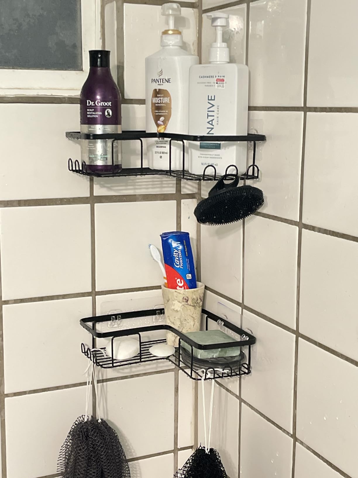 YASONIC Corner Adhesive Shower Caddy, with Soap Holder and 12 Hooks, Rustproof Stainless Steel Bathroom Organizer, No Drilling Wall Mounted Rack, Black, 3-Pack Customer Review YASONIC Corner Adhesive Shower Caddy, with Soap Holder and 12 Hooks, Rustproof Stainless Steel Bathroom Organizer, No Drilling Wall Mounted Rack, Black, 3-Pack - Customer Photo 1