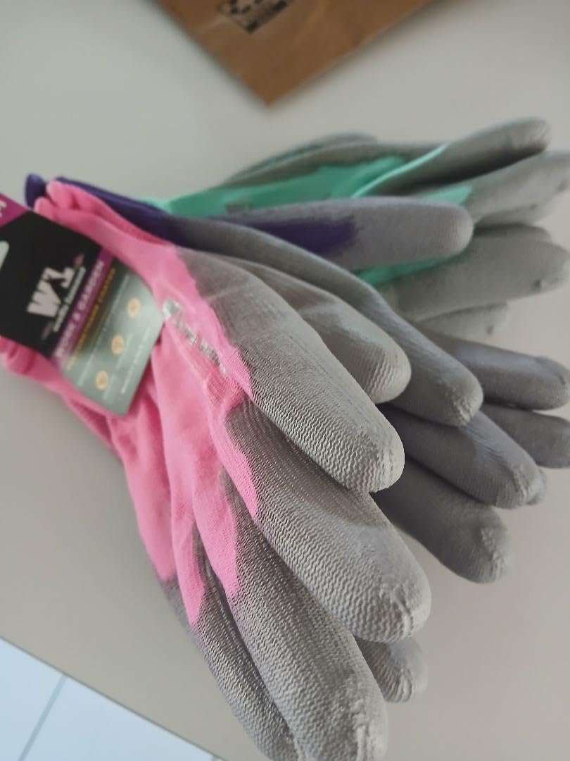 Wells Lamont Gardening Gloves for Women – Breathable Polyester, Seamless Fit – PU-Coated Palm for Grip & Durability – Elastic Wrist – Pink/Green/Purple, Medium, Pack of 3 (413MF) - Customer Photo 2