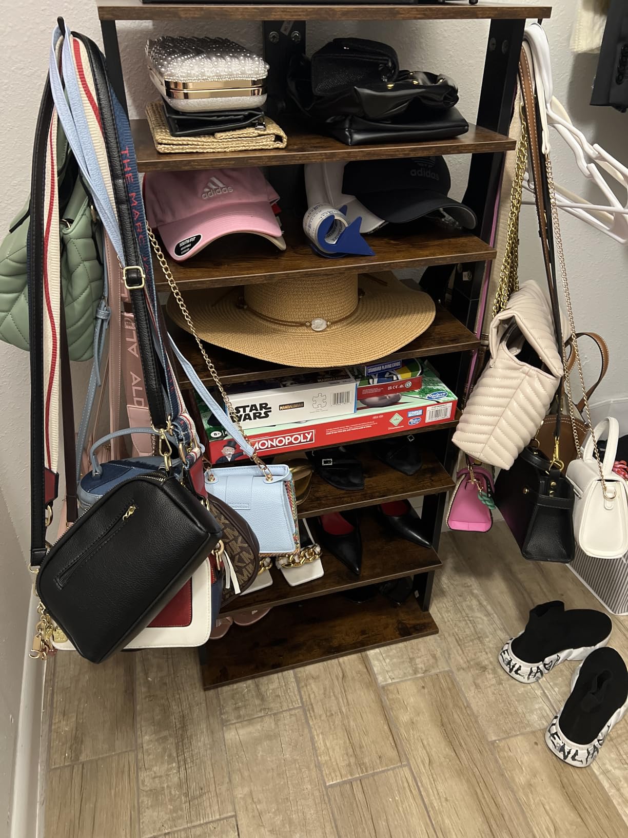 HOOBRO 8 Tiers Vertical Shoe Rack, Wooden Shoe Storage Organizer with Hooks, Narrow Shoe Tower for 8 Pairs, Space Saving, for Entryway, Living Room, Bedroom, Rustic Brown BF07XJ01G1 - Customer Photo 2