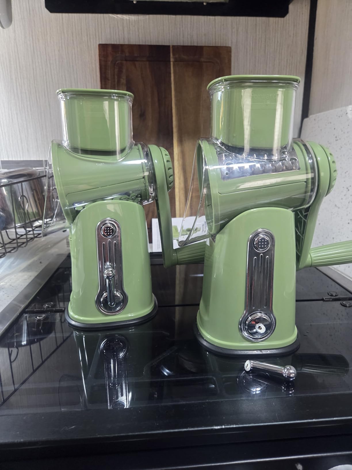 SUSTEAS Rotary Cheese Grater with Handle - Vegetable Shredder with 5 Well-designed Blades & Strong Suction Base,Round Mandoline Slicer & Food Chopper for Kitchen,with Blade Storage Box(Retro Green) - Customer Photo 1