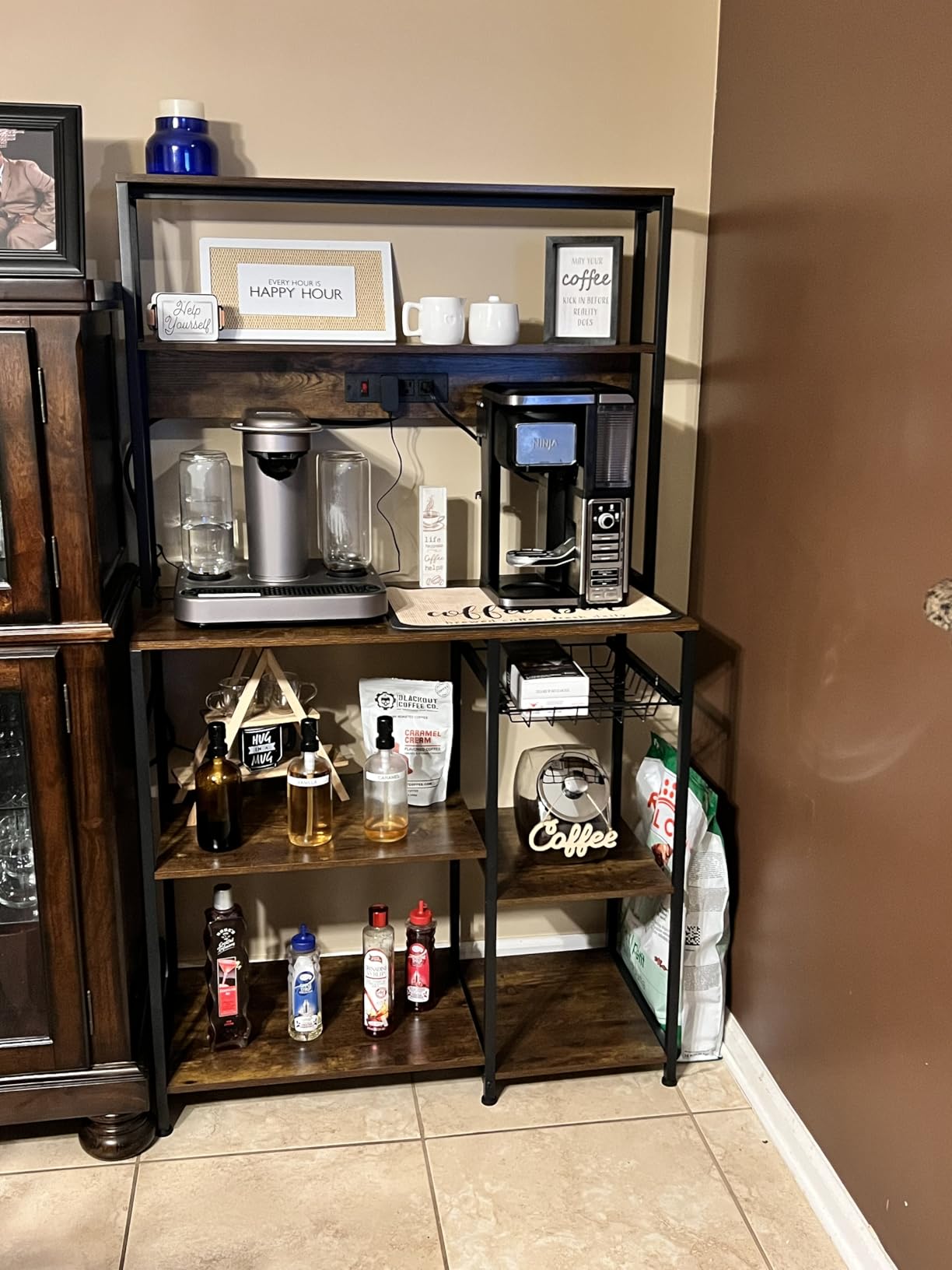 SUPERJARE Bakers Rack with Power Outlet, 35.4 Inches Coffee Bar with Wire Basket, Kitchen Microwave Stand with 6 S-Shaped Hooks, Open Storage Shelves, Rustic Brown - Customer Photo 2