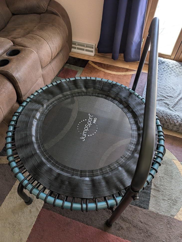 JumpSport 350 PRO Fitness Trampoline, Cardio Workout, No-Tip Arched Legs Home Gym Equipment, Adjustable Bungees & 60 Day Trial Video Customer Review Best Exercise Trampoline