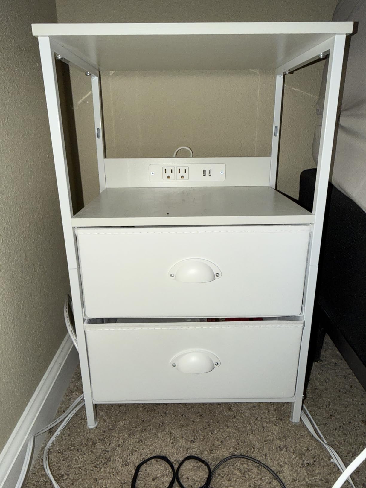 Furologee End Table with Charging Station, Nightstand with Fabric Drawers, Side Tables with USB Ports & Outlets, Night Stand with Storage Shelf & Hooks, for Living Room/Bedroom, White - Customer Photo 1