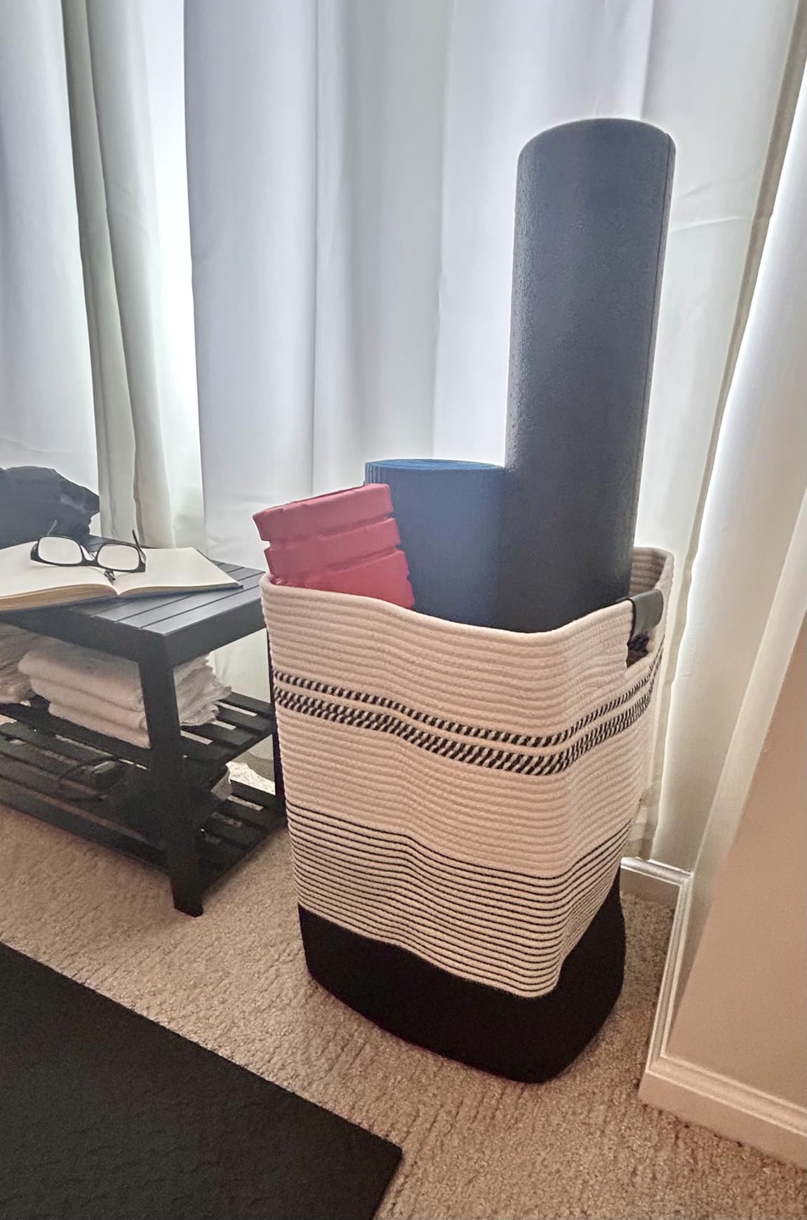 Laundry Hamper Large Laundry Basket with Leather Handles, Decorative Storage Cotton Rope Woven Basket for Blankets, Clothes Hamper for Living Room, Jute & White, 85L Customer Review Laundry Hamper Large Laundry Basket with Leather Handles, Decorative Storage Cotton Rope Woven Basket for Blankets, Clothes Hamper for Living Room, Jute & White, 85L - Customer Photo 1