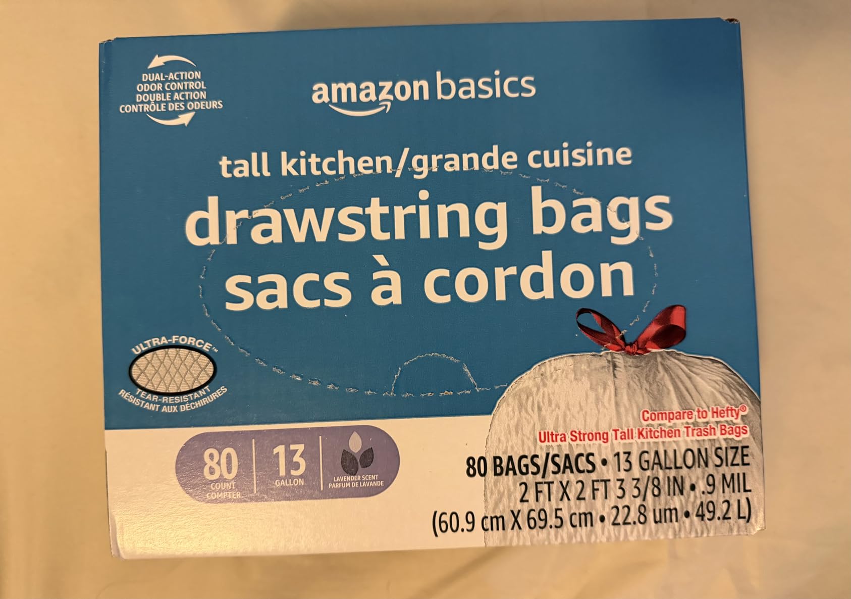Amazon Basics Ultra-Force Tall Kitchen Drawstring Trash Bags, Classic Clean Scented, 13 Gallon, 80 Count with Odor Control Customer Review Amazon Basics Ultra-Force Tall Kitchen Drawstring Trash Bags, Classic Clean Scented, 13 Gallon, 80 Count with Odor Control - Customer Photo 5