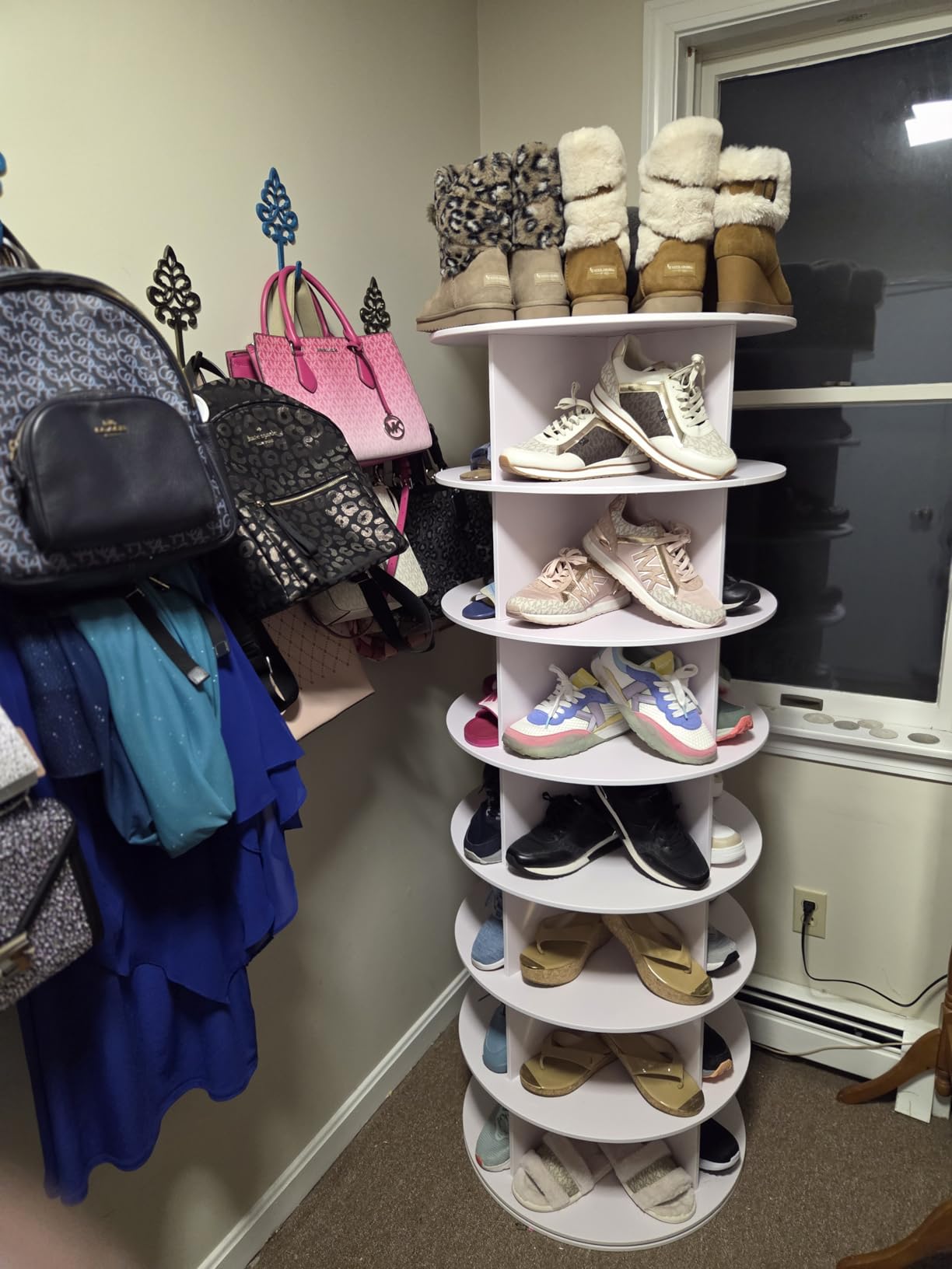 SpaceAid 7 Tier Rotating Shoe Rack Tower, Spinning Shoe Display Lazy Susan, Revolving 360 Shoe Rack Storage Round Carousel, Vertical Handbag Rotate Shoes Closet Organization (7-Tier White) - Customer Photo 2