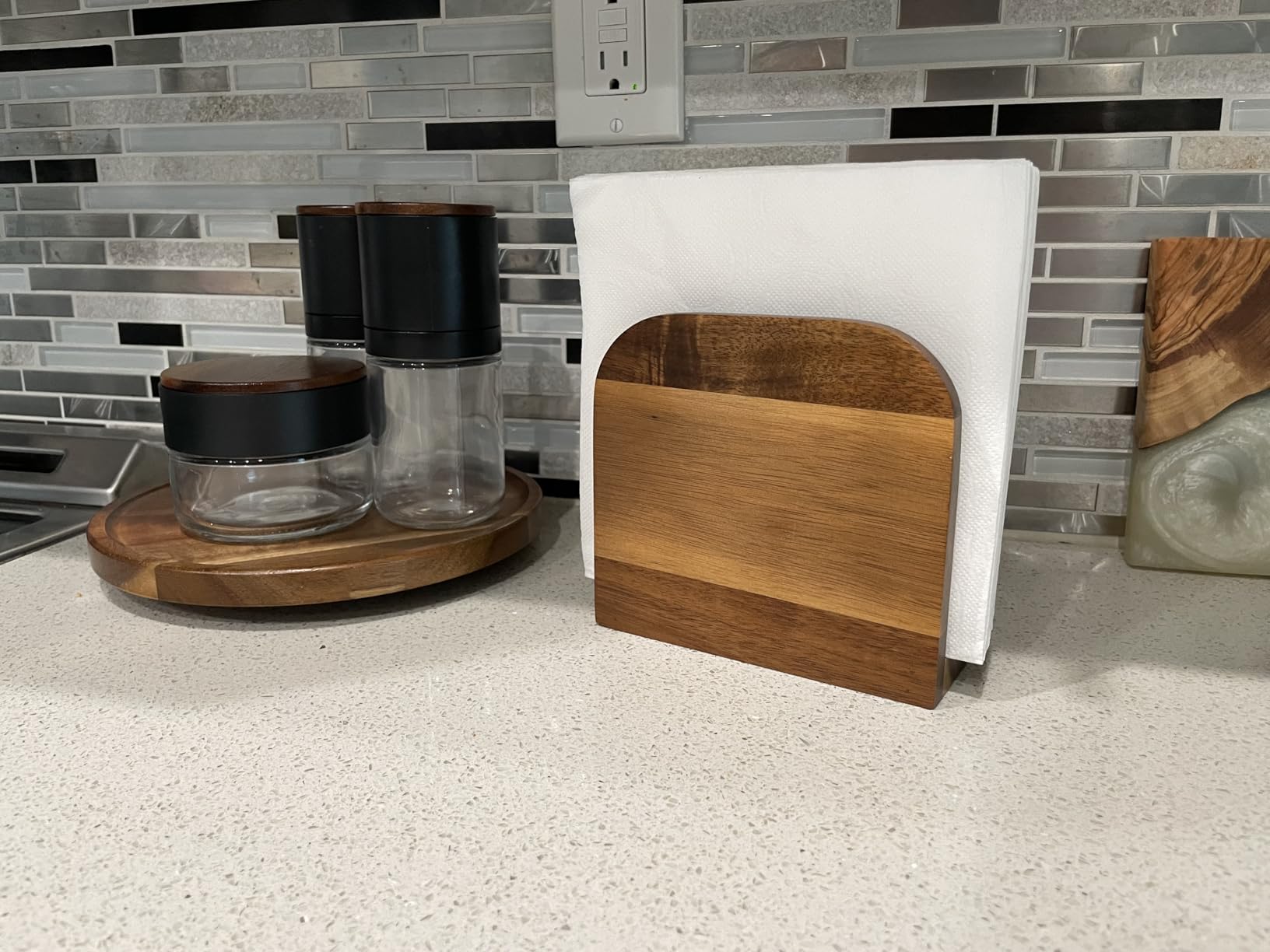 ALELION Acacia Wood Napkin Holder for Table, Wooden Upright Napkin Holders for Kitchen, Standing Napkin Dispenser for Kitchen Dining Room Party Cocktail Outdoor Use - Customer Photo 2