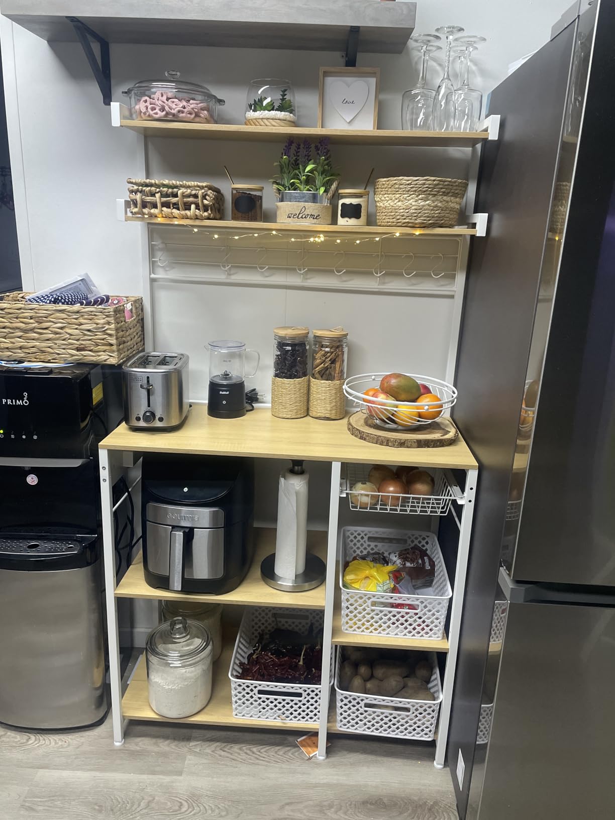 VASAGLE Kitchen Bakers Rack with Power Outlet, Coffee Bar with 35.4-Inch High Worktop, Microwave Stand with 8 Hooks, 15.7 x 31.5 x 66.9 Inches, Golden Oak and Cloud White UKKS059Y01 - Customer Photo 1