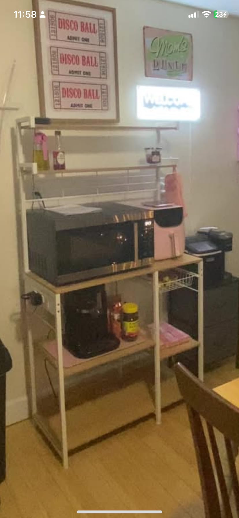 VASAGLE Kitchen Bakers Rack with Power Outlet, Coffee Bar with 35.4-Inch High Worktop, Microwave Stand with 8 Hooks, 15.7 x 31.5 x 66.9 Inches, Golden Oak and Cloud White UKKS059Y01 - Customer Photo 2
