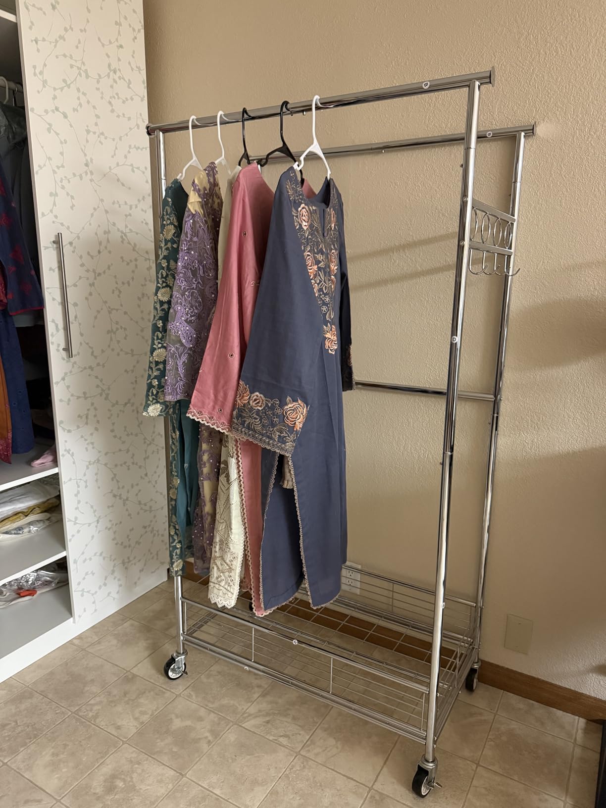 Heavy Duty Clothes Rack Load 960LBS, Three Rods Rolling Clothing Racks for Hanging Clothes, Rolling Garment Rack With Sturdy Wheels Shelves Hooks, Portable & Adjustable Commercial Garment Rack, Silver Customer Review Heavy Duty Clothes Rack Load 960LBS, Three Rods Rolling Clothing Racks for Hanging Clothes, Rolling Garment Rack With Sturdy Wheels Shelves Hooks, Portable & Adjustable Commercial Garment Rack, Silver - Customer Photo 1