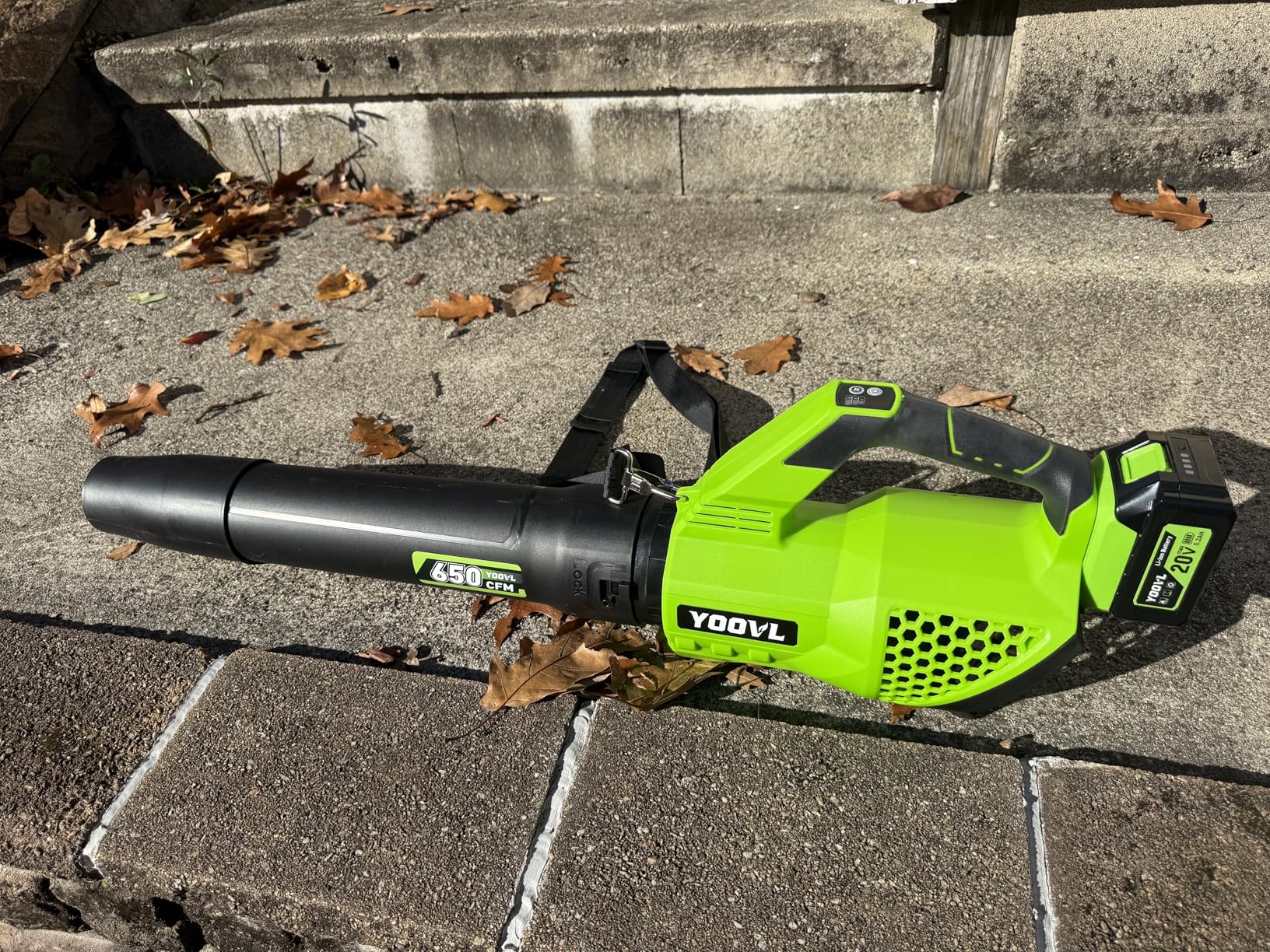 Leaf Blower Cordless, 650CFM Electric Leaf Blowers with 2 x 5.2Ah Batteries and Charger, 3 Speed Modes, 1 x Adjustable Shoulder Strap, Powerful Blowers for Lawn Care, Patio, Dust, Blowing Leaves Customer Review Leaf Blower Cordless, 650CFM Electric Leaf Blowers with 2 x 5.2Ah Batteries and Charger, 3 Speed Modes, 1 x Adjustable Shoulder Strap, Powerful Blowers for Lawn Care, Patio, Dust, Blowing Leaves - Customer Photo 3