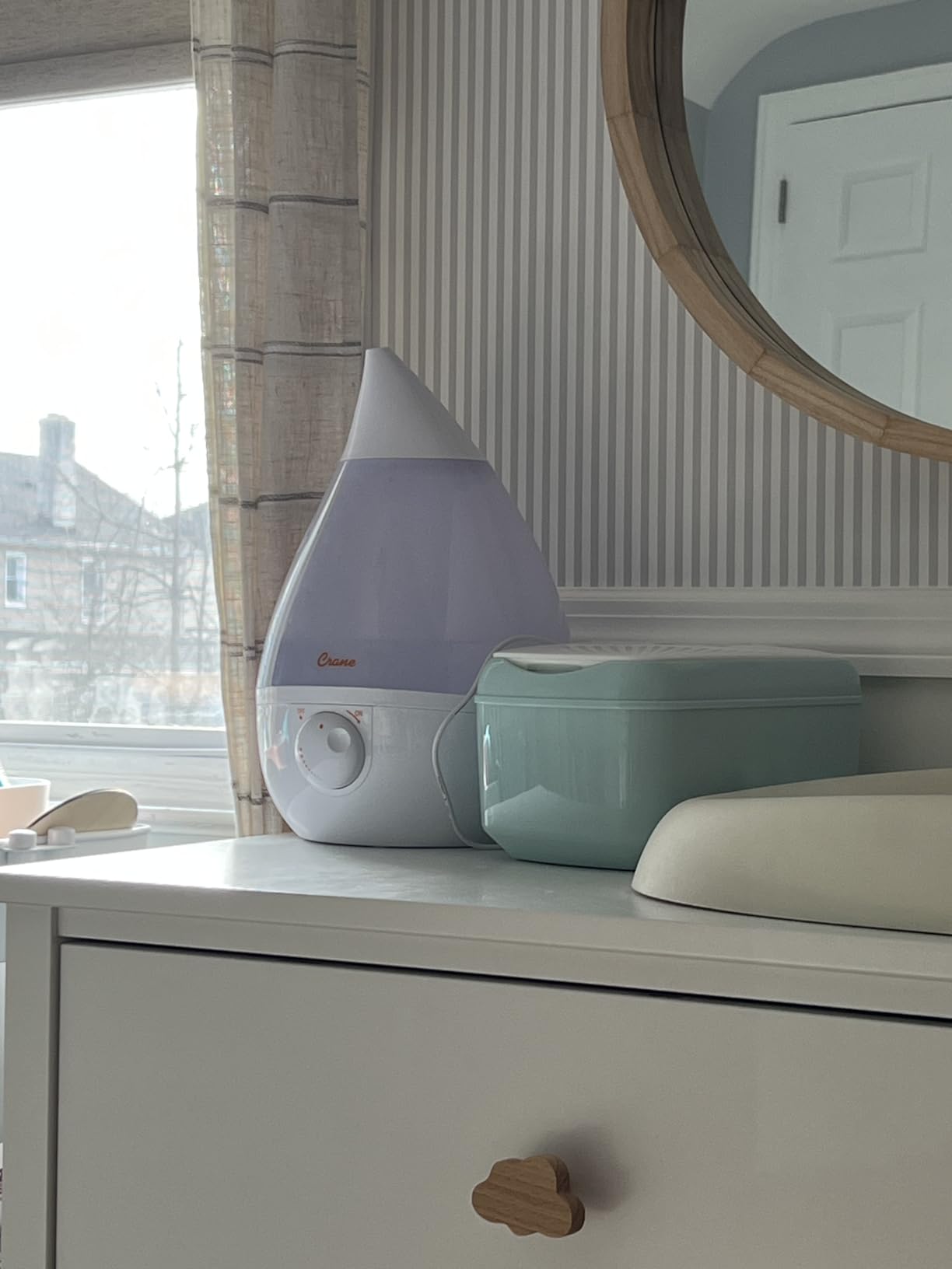 Crane Ultrasonic Cool Mist Teardrop Humidifier for Baby Nursery, Bedroom, Office, Large Room, Adjustable Humidity, Auto Shut-Off, Easy Clean Blue & White 1 Gallon customer photo 1