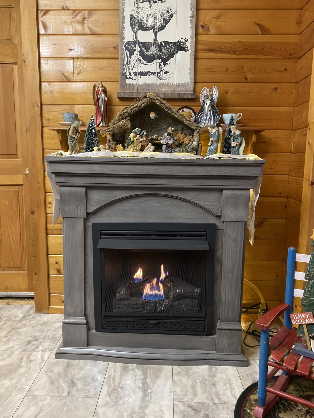 Comfort Glow Dual Fuel Ventless Gas Fireplace with Remote and Mantle The Montreal, Natural Gas or Liquid Propane, 33,000 BTU, Heats Up to 1,200 sq ft - Pewter Oak Finish Gas Fireplace customer photo 1
