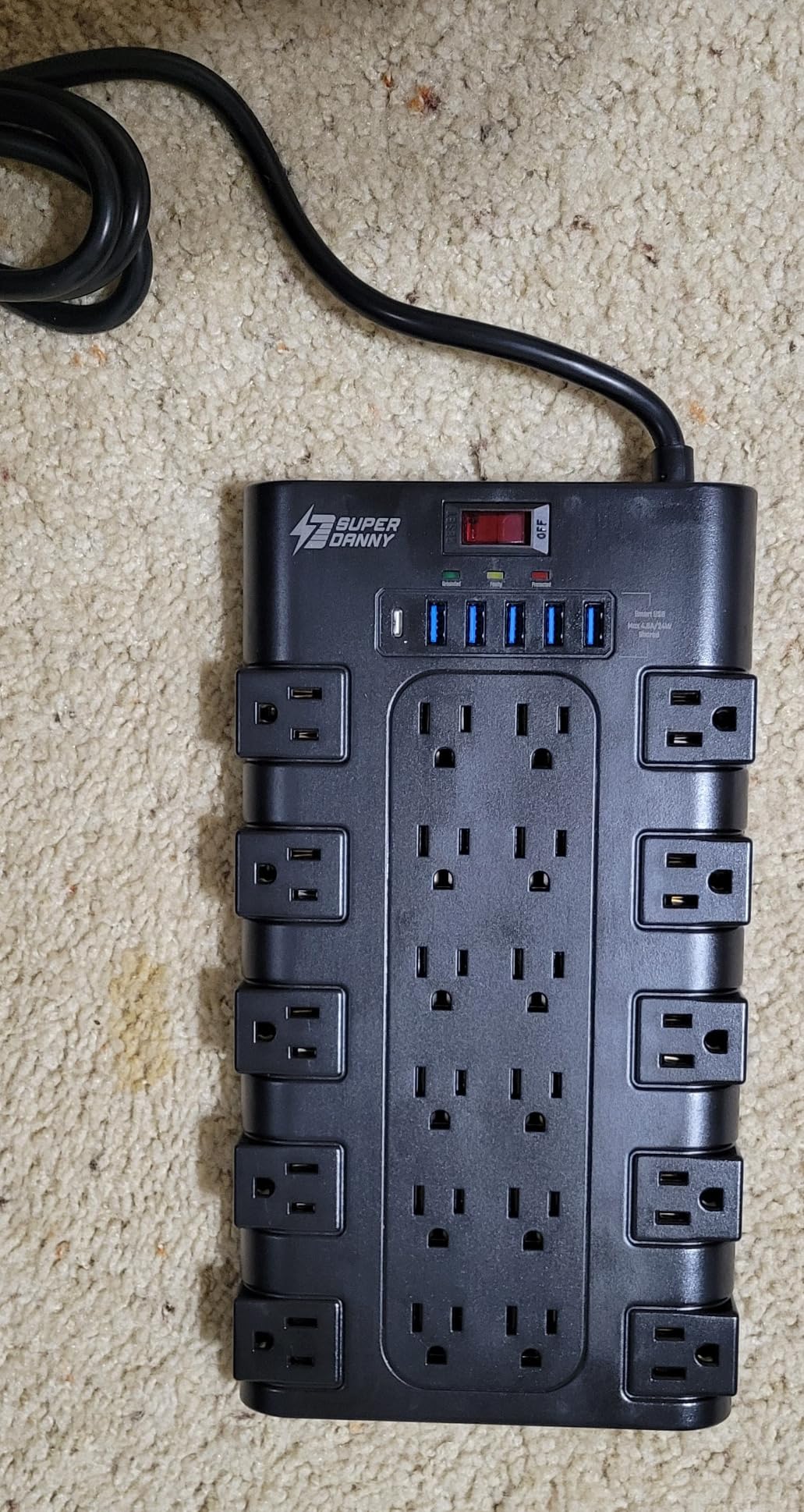 Power Strip, SUPERDANNY Surge Protector with 22 AC Outlets and 6 USB Charging Ports, 1875W/15A, 2100 Joules, 6.5Ft Flat Plug Heavy Duty Extension Cord for Home, Office, Dorm, Gaming Room, Black customer photo 1