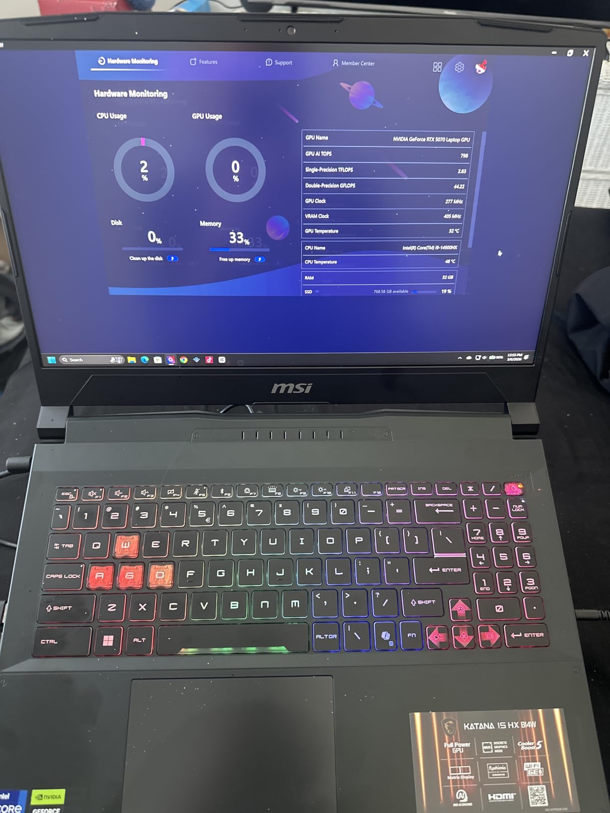 Katana 15 HX 15.6 inch 165Hz QHD+ Gaming Laptop: Intel Core i9-14900HX, NVIDIA Geforce RTX 5070, 32GB DDR5, 1TB NVMe SSD, RGB Keyboard, Win 11 Home customer photo 1