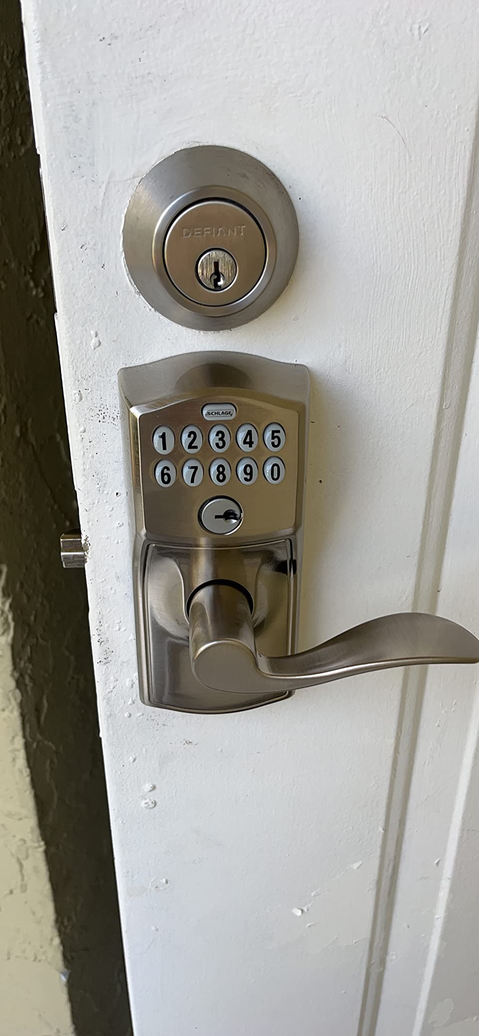 Schlage Electronic Keypad Lock, Lever Handle, Camelot Trim, Satin Chrome | Keypad door lock with handle, Keyless entry, Push button keypad, Auto-lock enabled, Certified security, Easy install, FE575 customer photo 1