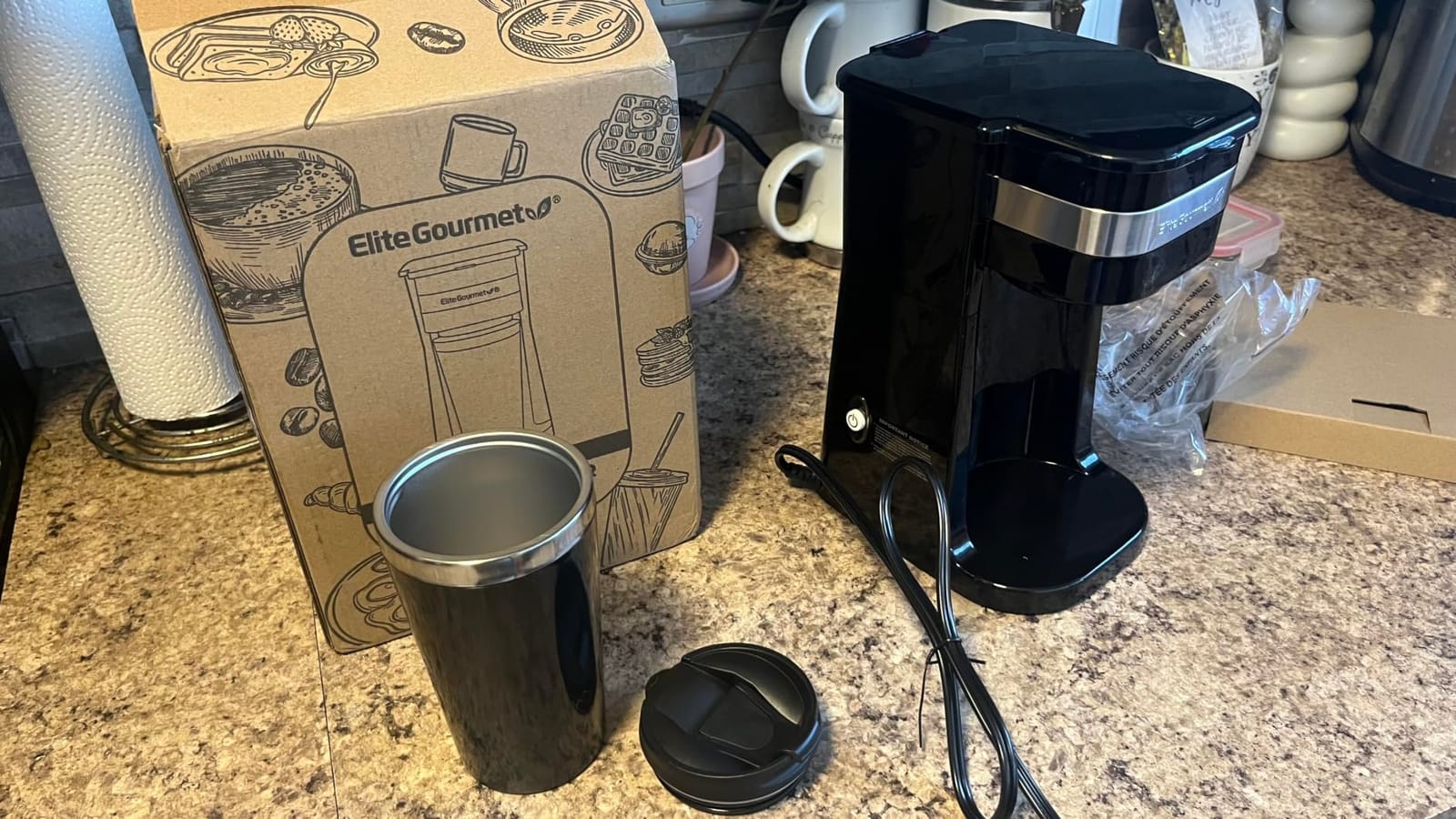 Elite Gourmet EHC111A Personal Single-Serve Compact Coffee Maker, Black | Includes 14oz stainless steel interior thermal travel mug, reusable filter - compatible with coffee grounds customer photo 2