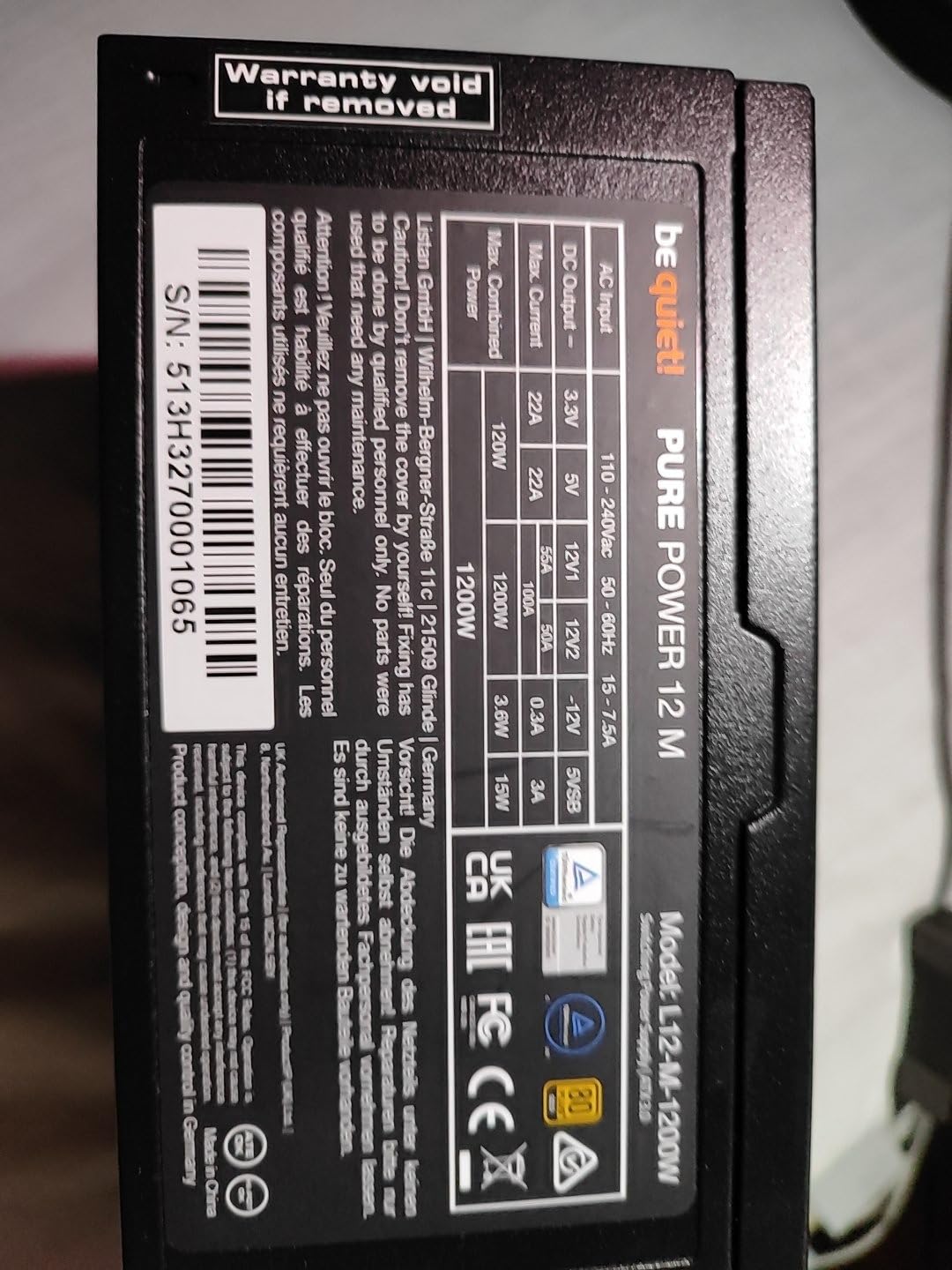 be quiet! Pure Power 12 M 1200W, ATX 3.1, Fully Modular PSU, 80+ Gold | PCIe 5.1 Ready Power Supply, Native 12VHPWR Cable, Silent 120mm Fan, LLC Topology, For High-End GPUs, 10-Year Warranty customer photo 1