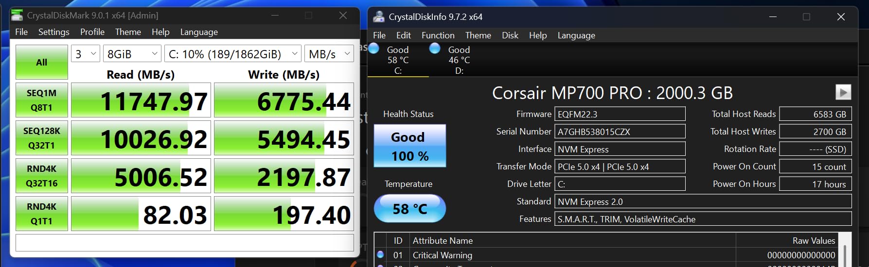 Corsair MP700 PRO 2TB M.2 PCIe Gen5 x4 NVMe 2.0 SSD - M.2 2280 - Up to 12,400MB/sec Sequential Read - High-Density TLC NAND - Black customer photo 2