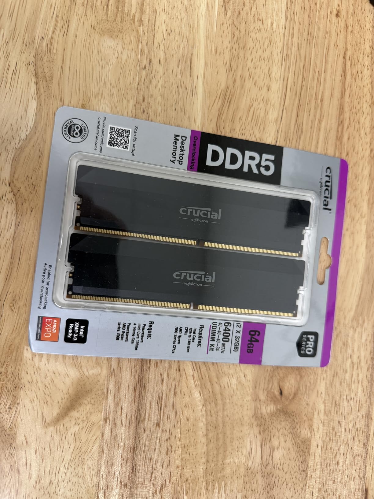 Crucial Pro DDR5 RAM 64GB Kit (2x32GB) 6400MHz CL40, Overclocking Desktop Gaming Memory, Intel XMP 3.0 & AMD Expo Compatible - Black CP2K32G64C40U5B customer photo 1