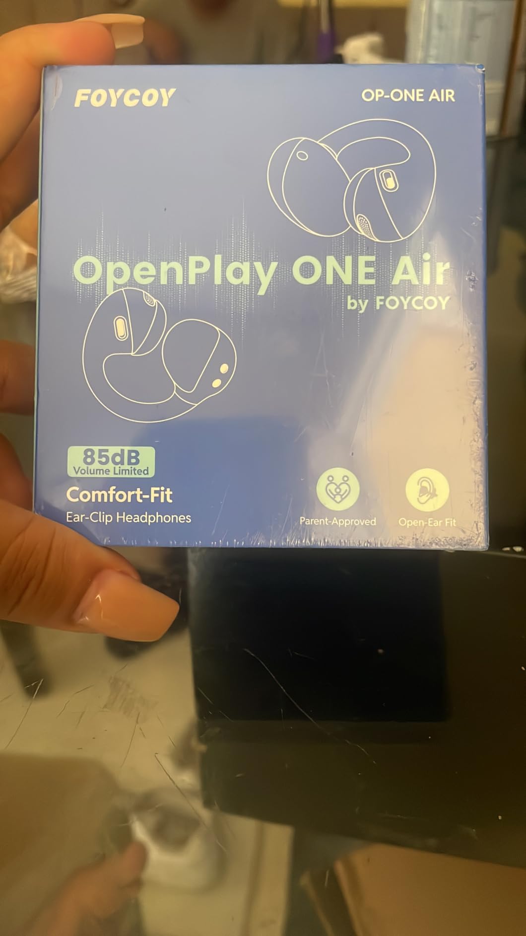 FOYCOY Kids Open Ear Earbuds - Clip-On Earbuds - 85 dB Volume Limit - Bluetooth 6.0, Built-in Mic, 40H Playtime, Silicone Pads, IPX5, Small Ears and Glasses Friendly, Ages 6-14, Navy Blue customer photo 2