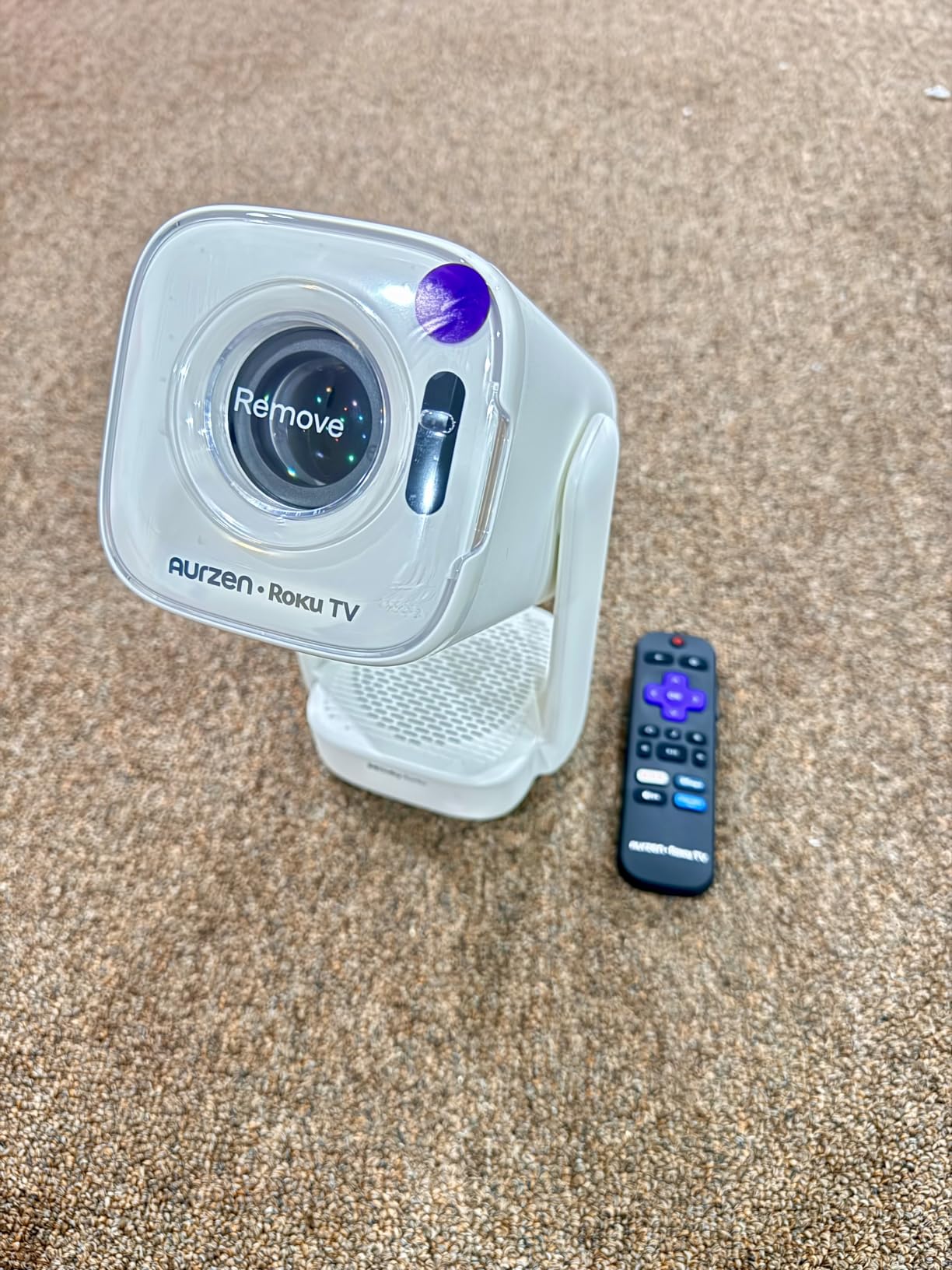Aurzen Roku TV D1R air USB-C Powered Smart Portable Outdoor Projector White | Roku TV Built-in, WiFi & Bluetooth, Power Bank Supported, Native 1080P, DoIby Audio, Mini Projector for Home & Outdoor Movies customer photo 1