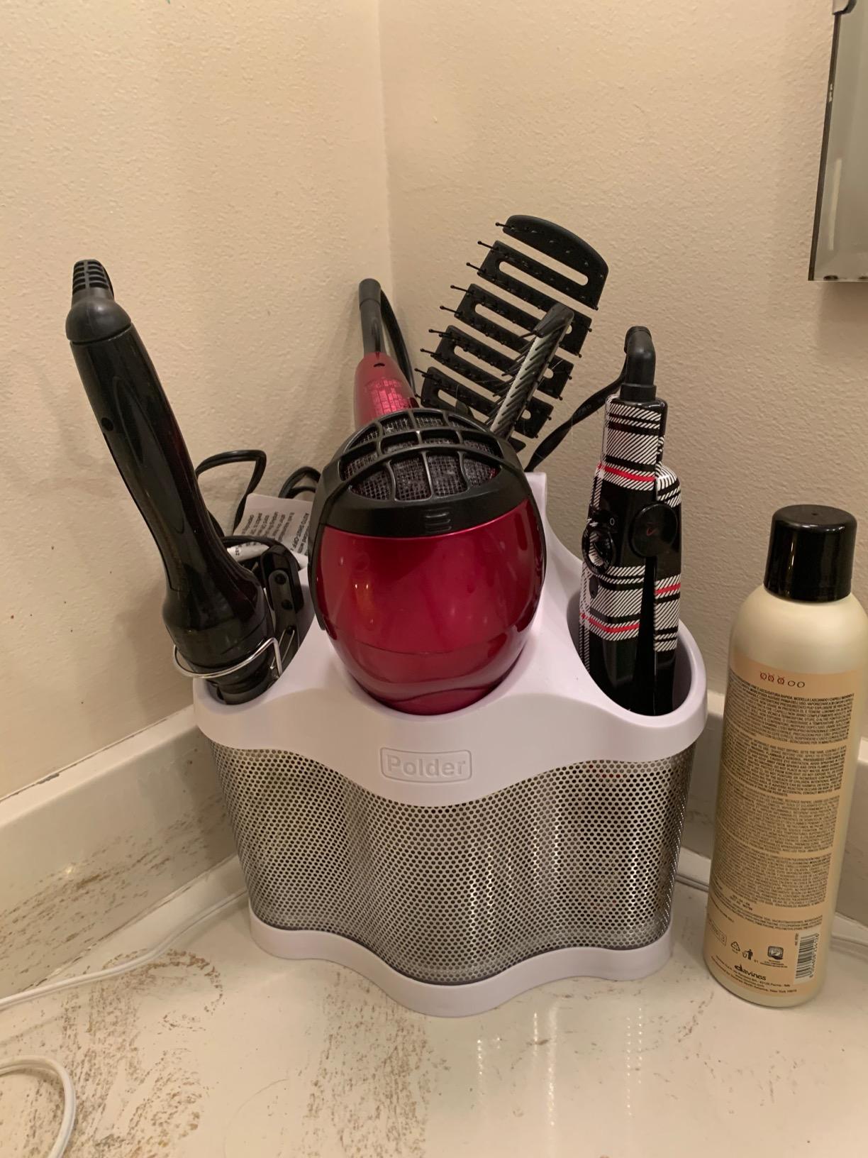 Polder Style Station, Tool Organizer for Hair Dryer, Curling Iron, and Straightener, Easy-to-Store Hair Styling Station, White and Silver customer photo 1