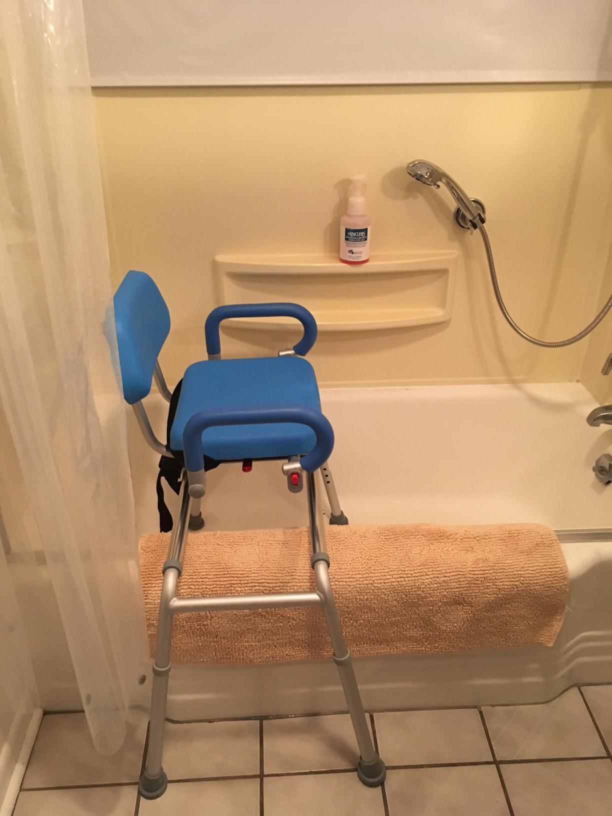 Platinum Health Carousel Sliding Shower Chair Tub Transfer Bench with Swivel Seat, Premium Padded, Pivoting Arms, Adjustable Space Saving Design for Tubs, Inside Shower, for Handicap & Seniors, Blue customer photo 1