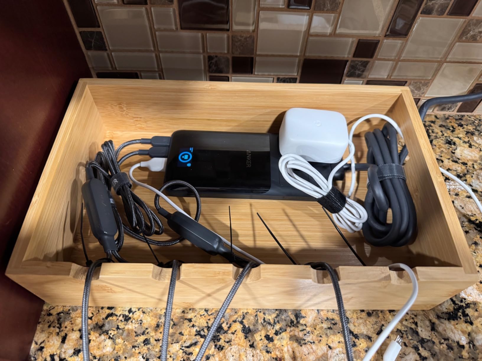 Prosumer's Choice Wooden Charging Station Organizer - 5-Port Base for Phones, Tablets and Laptops - Multi-Device Docking Station with Removable Divider Slots - Cord Box with Cable Management - Bamboo customer photo 1