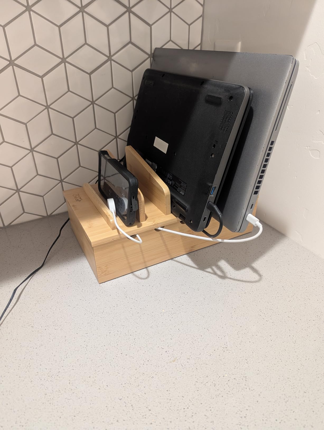 Prosumer's Choice Wooden Charging Station Organizer - 5-Port Base for Phones, Tablets and Laptops - Multi-Device Docking Station with Removable Divider Slots - Cord Box with Cable Management - Bamboo customer photo 2