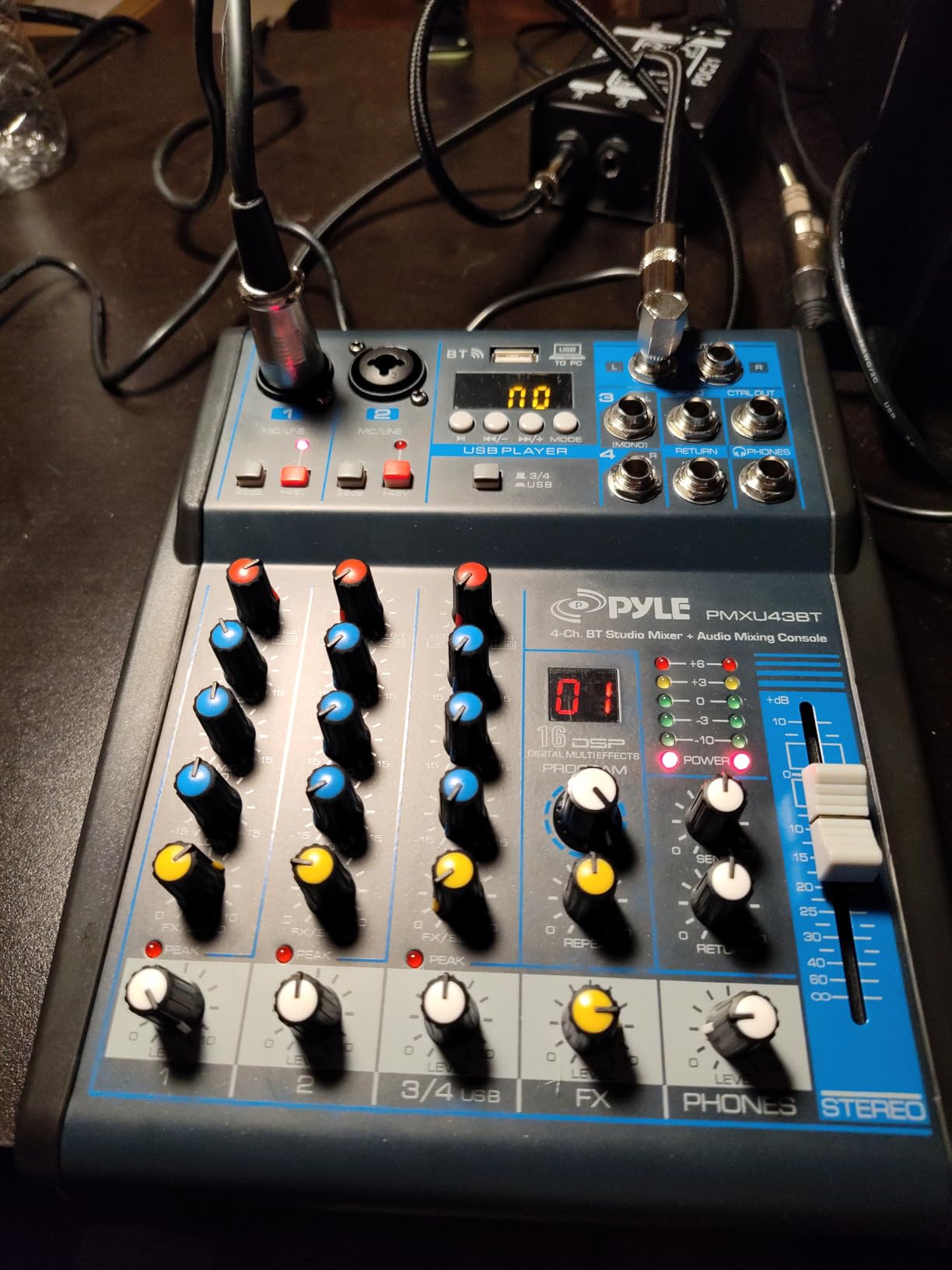 Pyle 4 Channel Audio Mixer with Bluetooth - DJ Sound Board Controller - USB Computer Input - Built-in MP3 Player - 48V Phantom Power - 3 Band EQ - 16-Bit DSP FX - Band, Studio Ready - PMXU43BT customer photo 1
