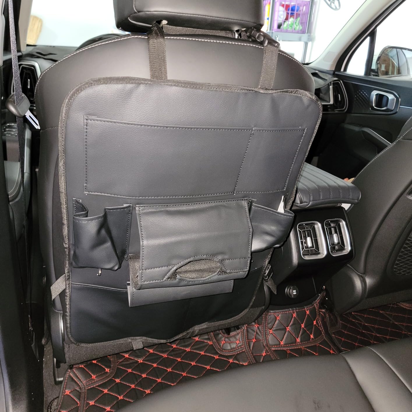 2 Pack PU Leather Premium Car SeatBack Organizer Travel Accessories Kick mats Back seat Protector and Cup Holder Holder Universal Use Seat Covers (23×17 in) customer photo 1
