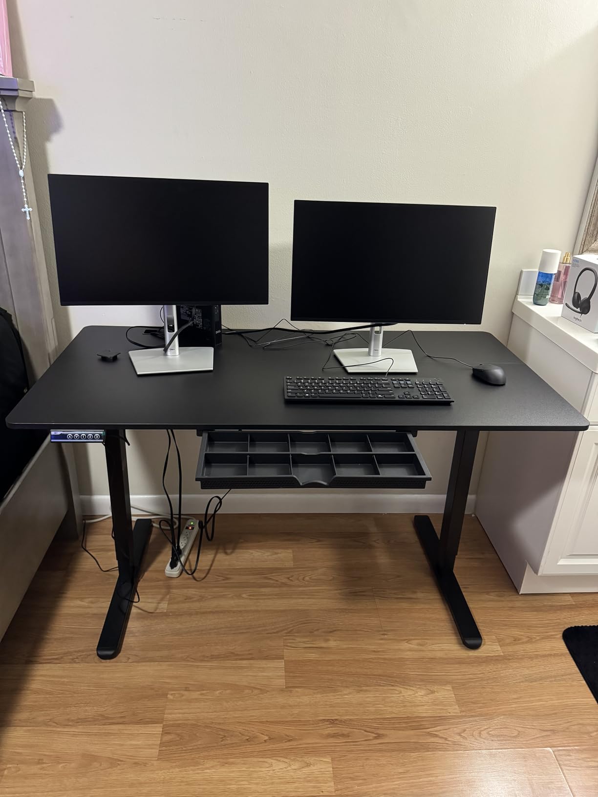 SHW 48-Inch Electric Height Adjustable Standing Desk w/Drawer, Maple | w/ Memory Presets and Cable Management | Drawer with adjustable compartments | Hanging Hooks customer photo 1
