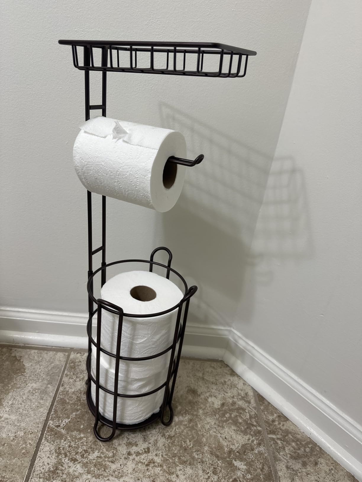 Toilet Paper Holder Stand Tissue Paper Roll Dispenser with Shelf for Bathroom Storage Holds Reserve Mega Rolls-Bronze customer photo 1