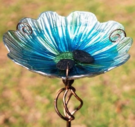 MUMTOP Glass Birdbath Birdfeeder with Metal Stake Garden Yard Outdoor Blue customer photo 2