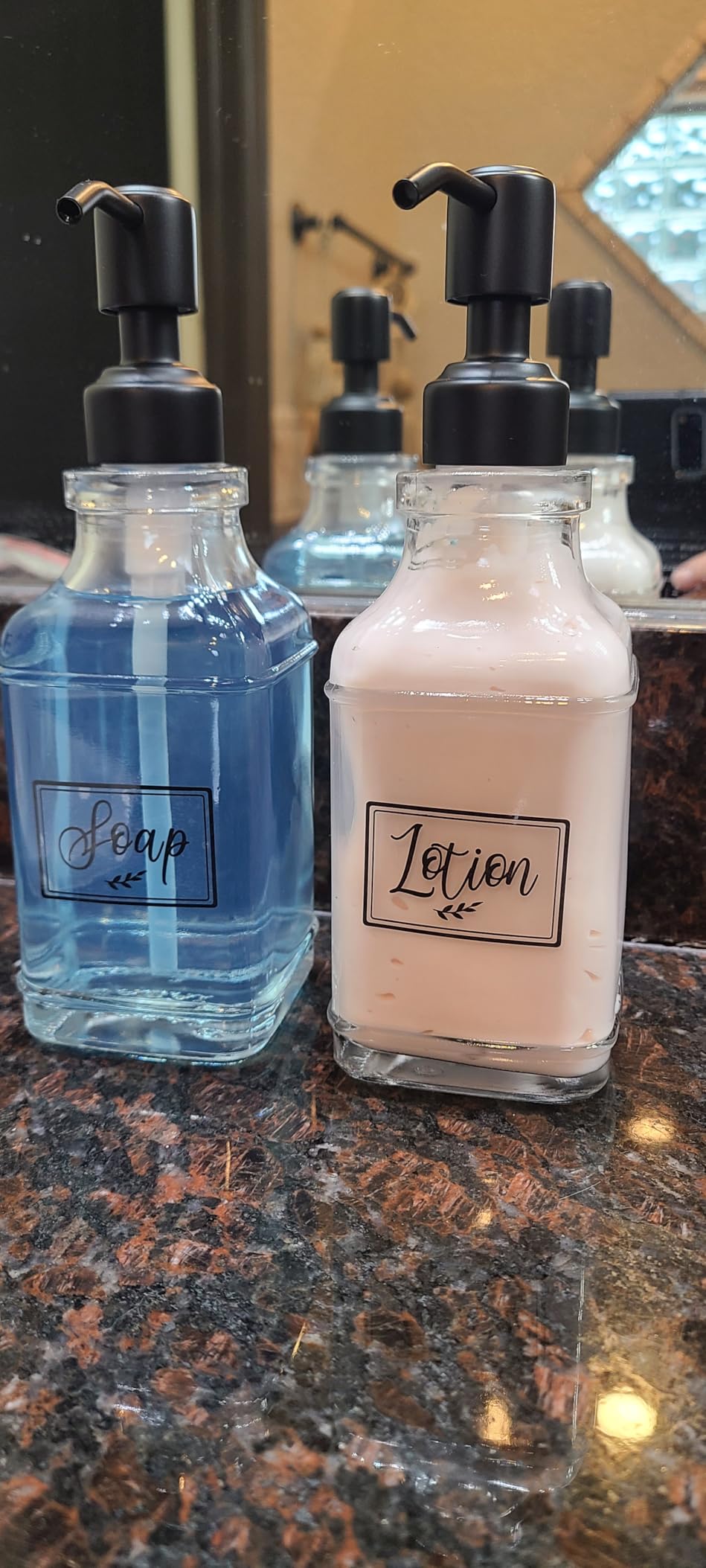 JASAI Antique Design Soap Dispenser with Rust Proof 304 Stainless Steel Pump, Refillable Glass Soap Dispenser with 10Pcs Clear Stickers, Premium Kitchen & Bathroom Soap Dispenser customer photo 1