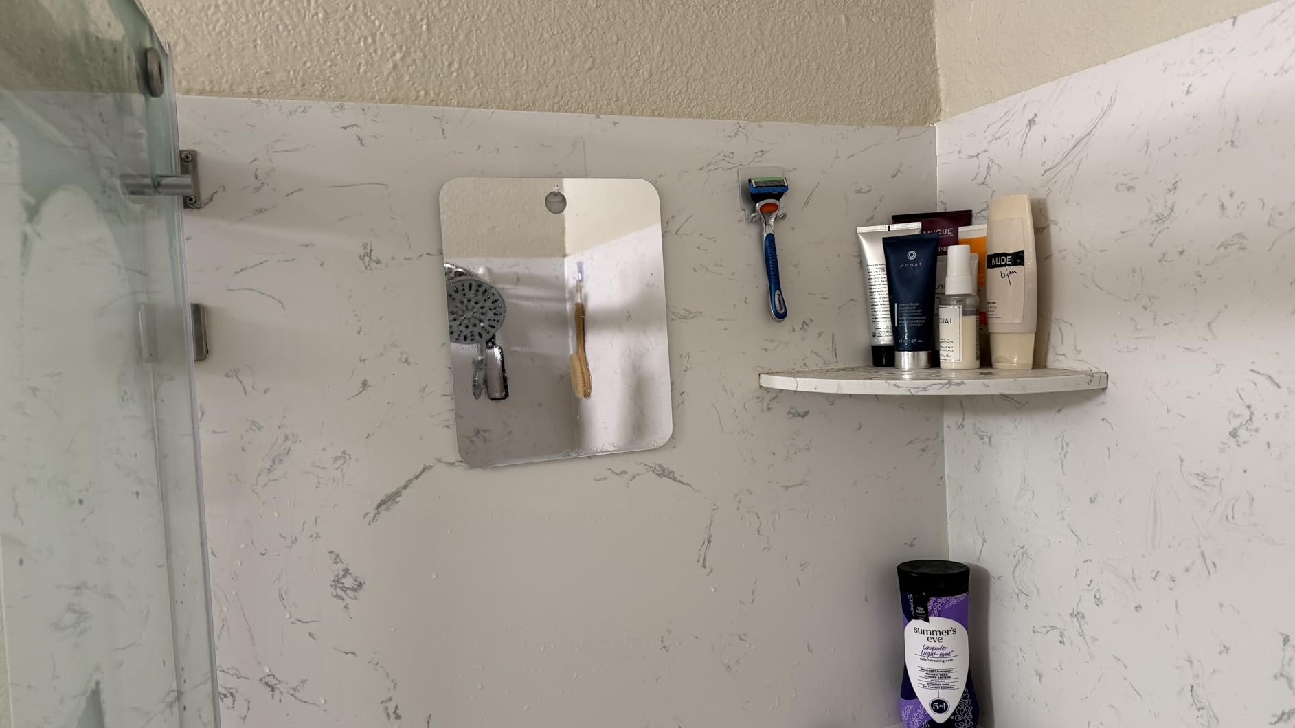 HONEYBULL Fogless Shower Mirror for Shaving, No Drill Mount, Compact 6x8in customer photo 2