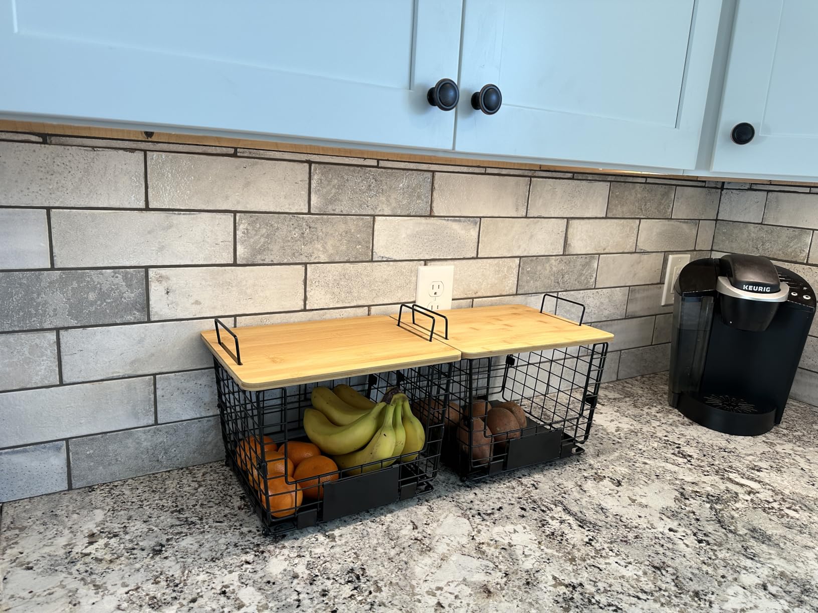 2 Set XXL Stackable Wire Basket with Bamboo Tops & Tag- Pantry Organizer and Storage Bins, Kitchen Counter Cabinet Shelf Countertop Under Sink Organizing, Food Snack Produce Onion Potato Bread Storage customer photo 1