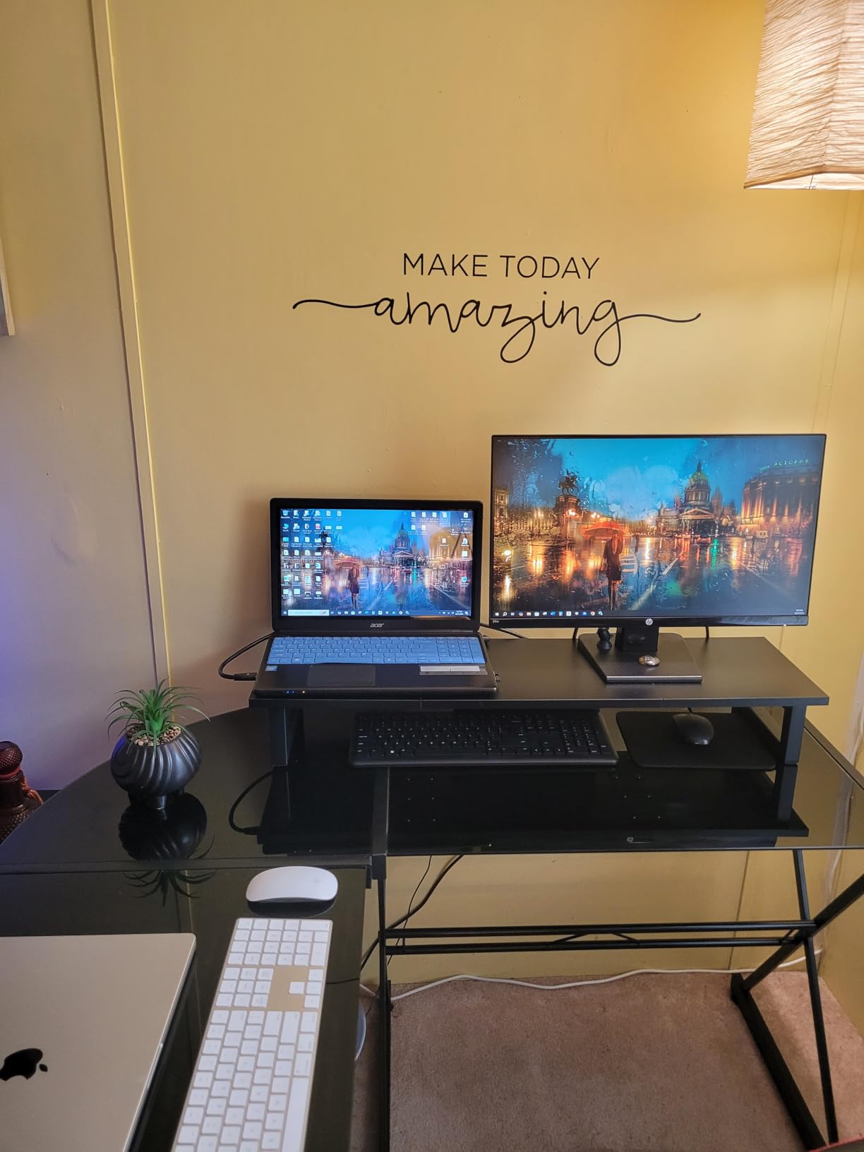 WESTREE Dual Monitor Stand Riser, Wood and Steel Multi-Purpose Desktop Storage Stand for 2 Monitors for Computer, Laptop, Printer, TV, Rustic Brown customer photo 1