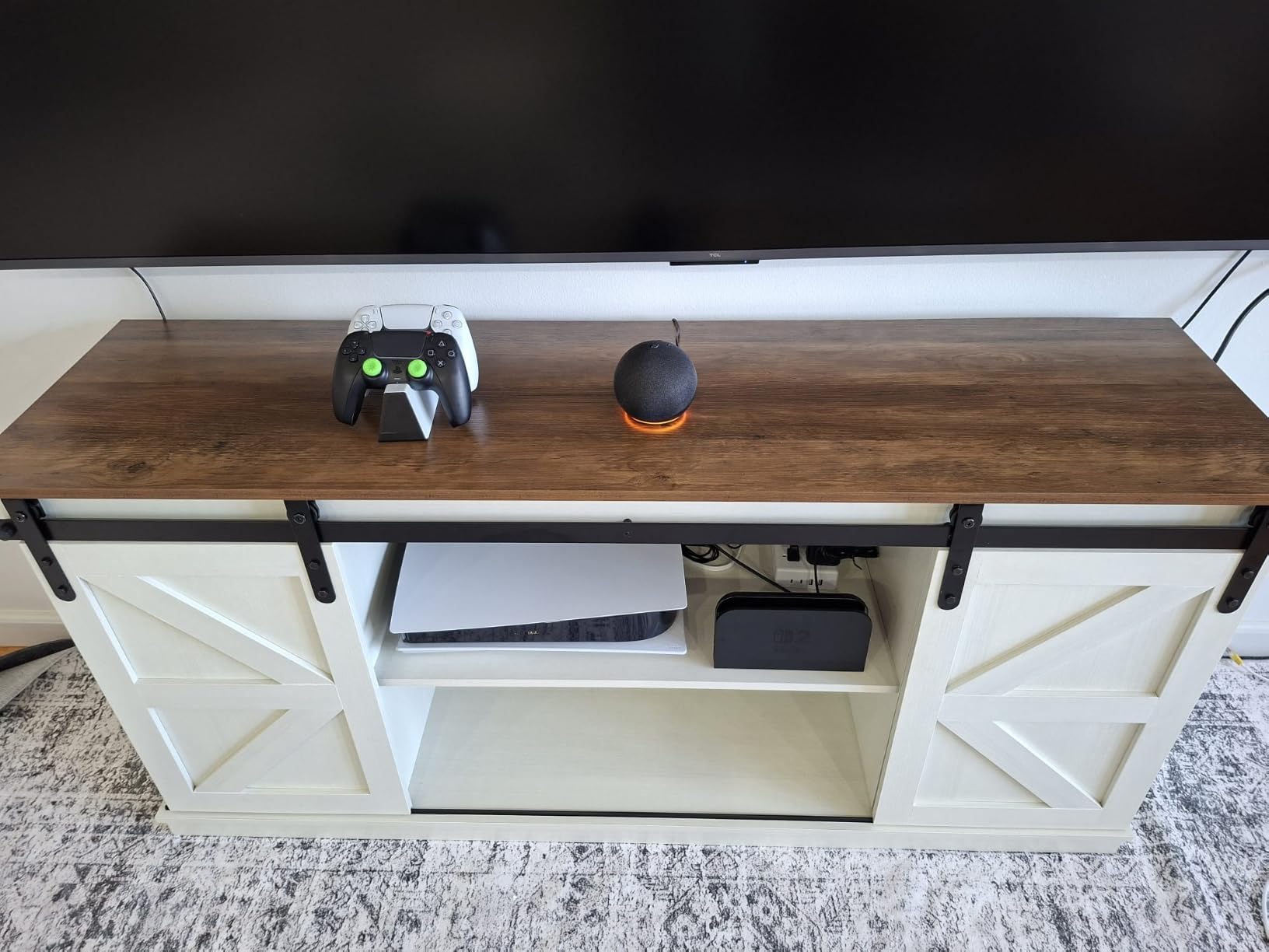 JUMMICO TV Stand for 65 Inch TV, Sliding Barn Doors, Bright White customer photo 1