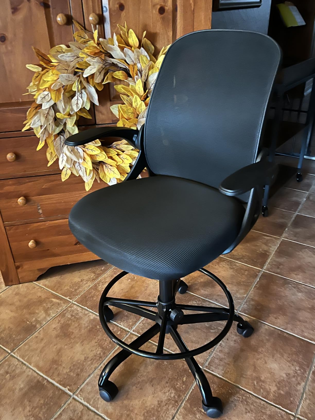 Primy Drafting Chair Tall Office Chair with Flip-up Armrests Executive Ergonomic Computer Standing Desk Chair with Lumbar Support and Adjustable Footrest Ring (Black) customer photo 1