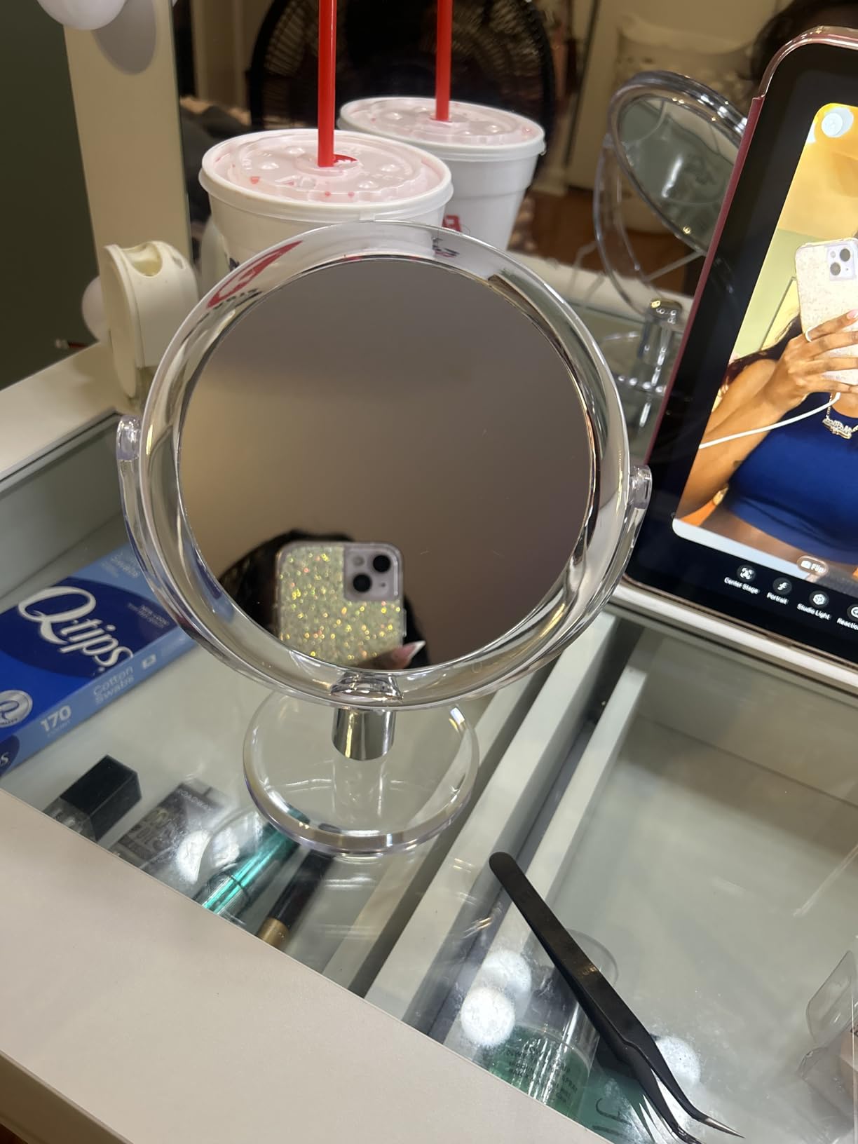 CLSEVXY Vanity Makeup Mirror with Stand, 1X/15X Magnification Double Sided 360 Degree Swivel, Portable Table Desk Counter top Magnifying Mirror, Tabletop Mirror for Bedroom or Dorm Room, 6.25 Inch customer photo 1